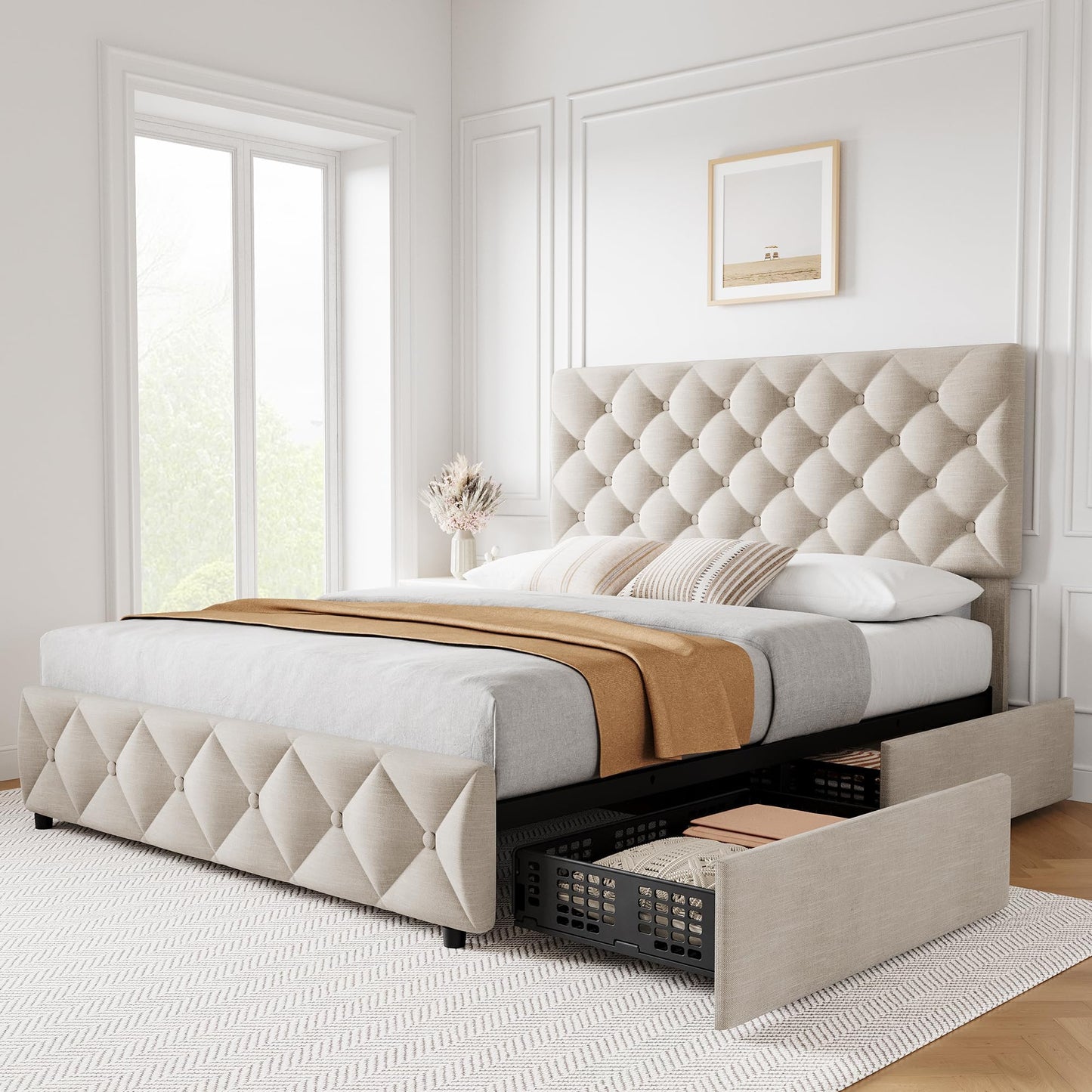 IDEALHOUSE Full Size Bed Frame with 4 Drawers, Upholstered Platform Bed Frame with Headboard, Wooden Slat, No Box Spring Need, Beige