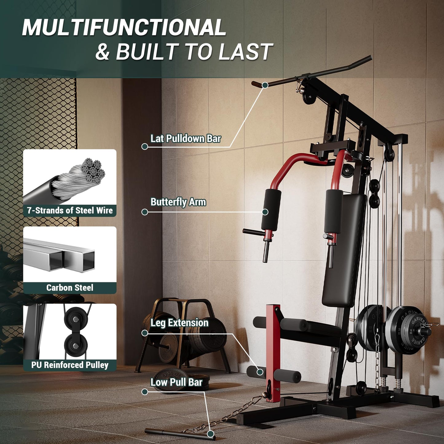 COZONY Heavy-Duty Home Gym Strength Training Equipment – Full Body Workout Machine with Pulley System, LAT Pulldown, Chest Press, Leg Extension, Supports 400LBS, Fits 1" & 2" Weight Plates (Not