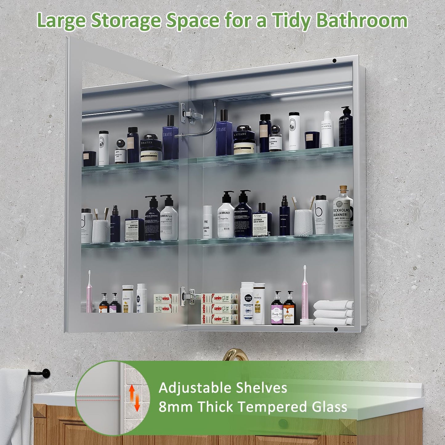 GUIQIYANG Medicine Cabinet with Lights, Bathroom LED Mirror Cabinet with Storage, Anti-Fog & 3 Color Lights, Recessed or Wall Mounted (24X32 in)