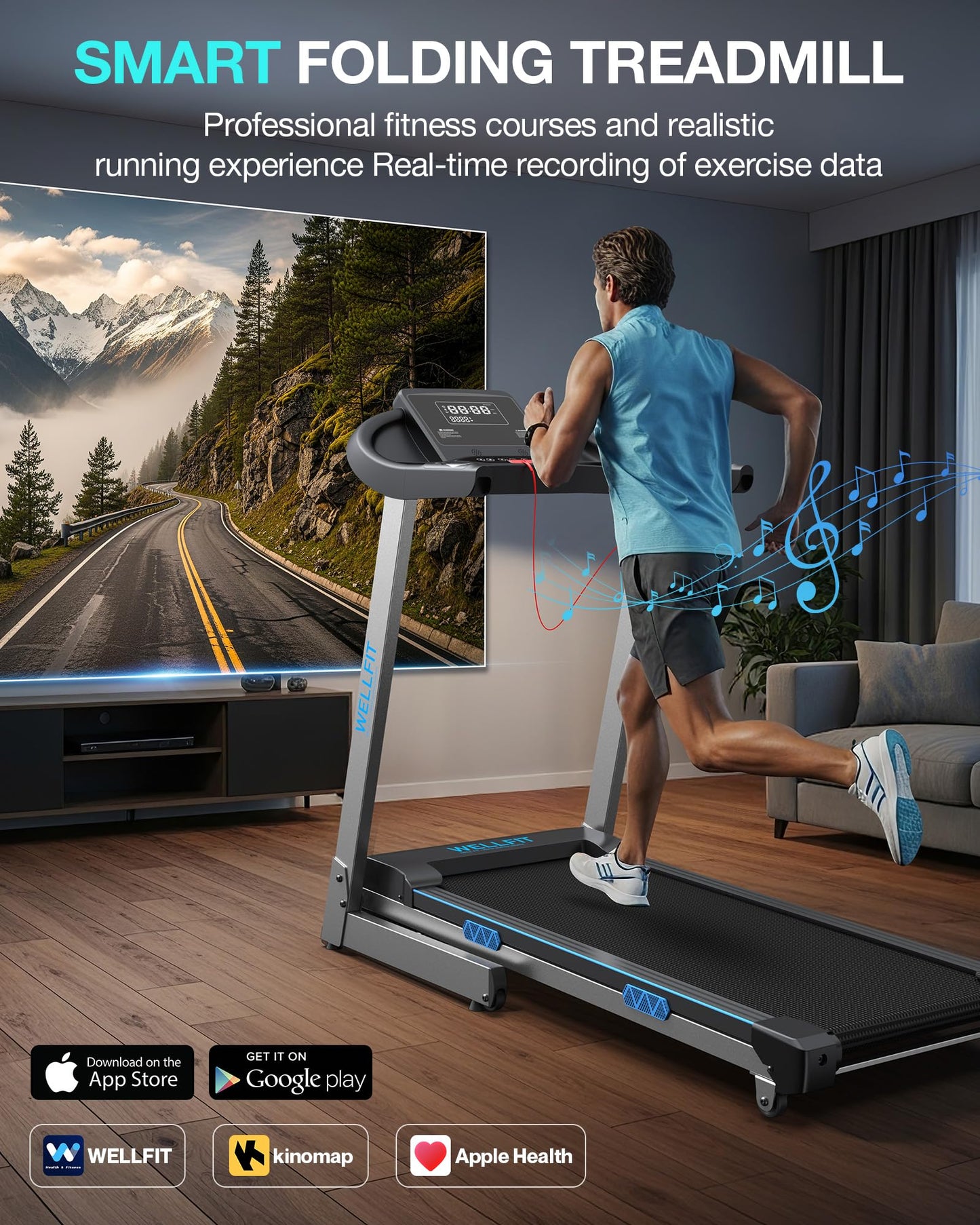 WELLFIT Foldable Treadmill for Home - 400LBS Capacity Folding Treadmills with Handlebar,4.0HP Auto Incline Heavy Duty Treadmill Heart Rate Sensor, LED Display, App Control