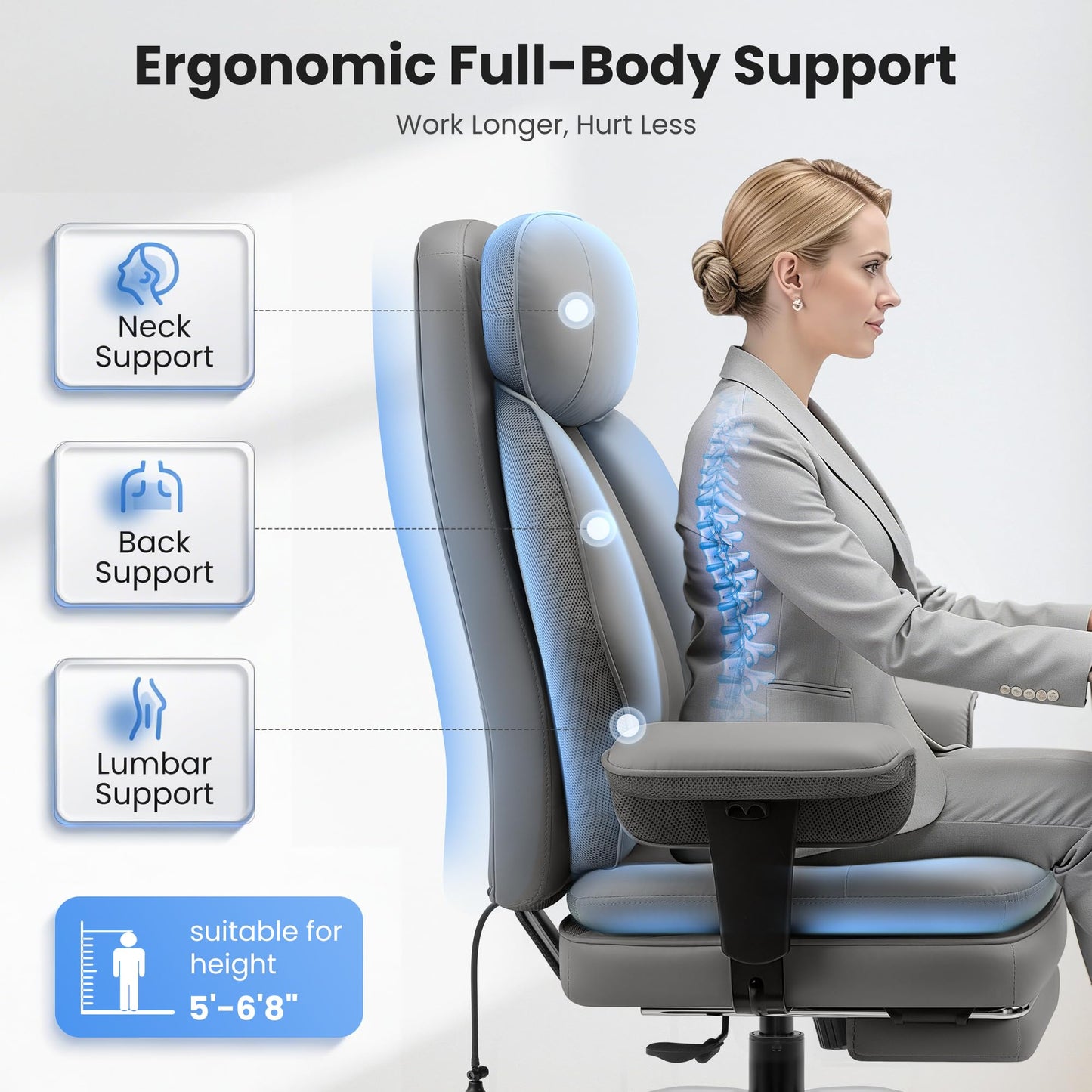 BestGlory Office Chair with Inflatable Lumbar Support & Footrest, Gray