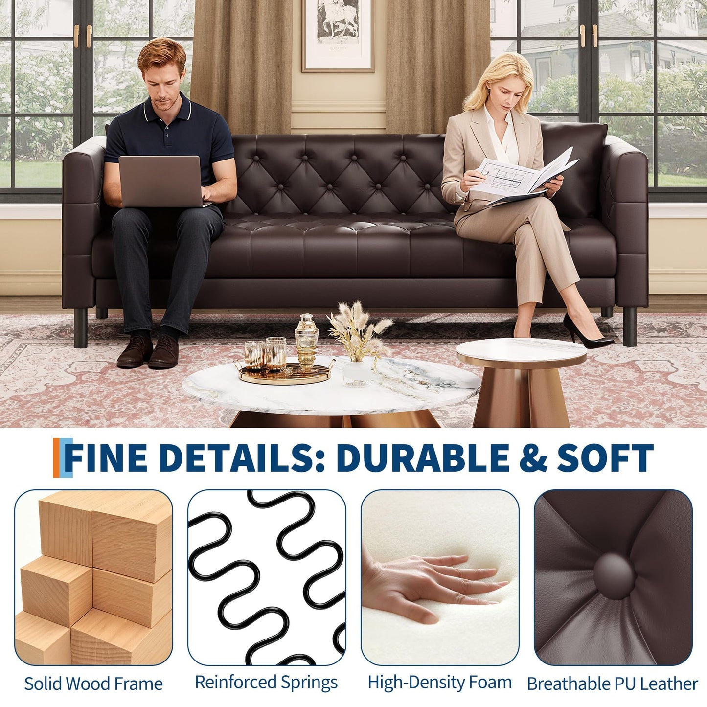 GarveeTech Leather Sofa 81", Chesterfield Style 3 Seater Couch with Deep Seat, Hand-Tufted Button Quilting, Vintage Couch for Living Room, Apartment, Office