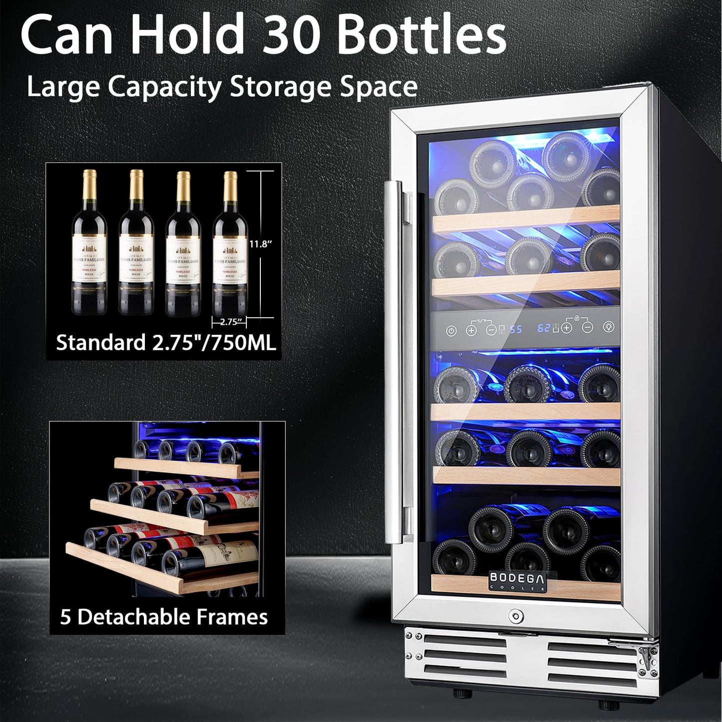 BODEGA 15” Wine Cooler, 30 Bottle Dual Zone Wine Fridge With Double-Layer Glass Door, Freestanding or Built-In Wine Fridge with Blue LED Light & Stainless Steel Handle, for Home, Kitchen,Bar, Black.