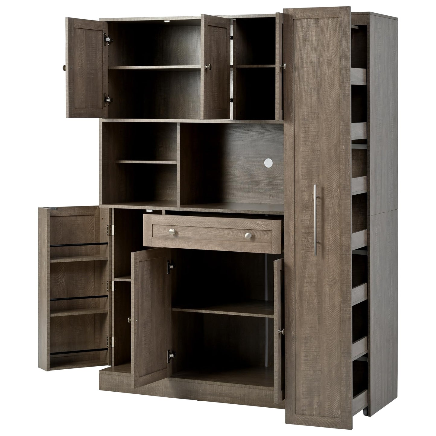 Merax 70'' Tall Traditional Freestanding Buffet with Hutch, Large Kitchen Pantry Storage Cabinet Cupboard with Pull-Out Side Cabinet, Door Shelves and Drawer, Brown