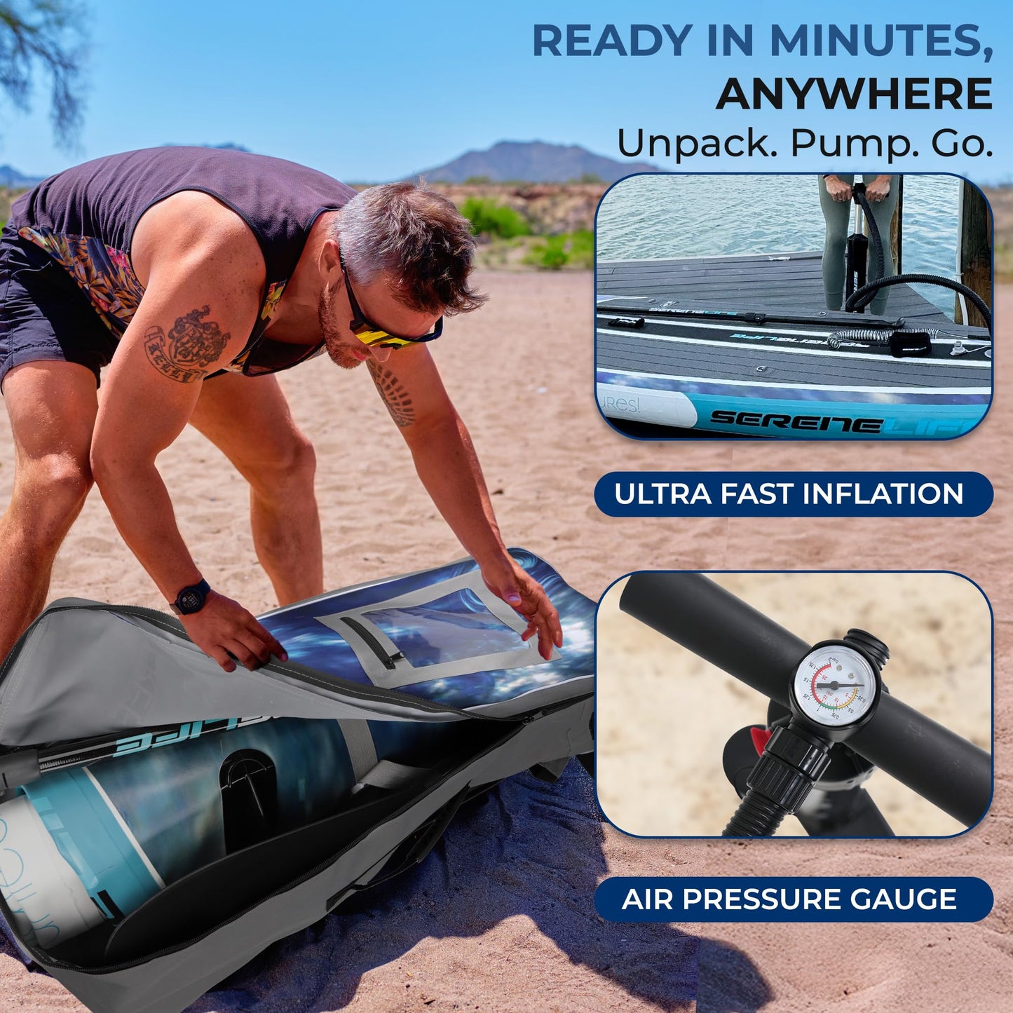 SereneLife 10’6” Inflatable Stand Up Paddle Board with Premium SUP Accessories - 32” Wide Stable Design with Non-Slip EVA Deck Pad, for Youth and Adults, 350 lbs. Capacity - Sport Red