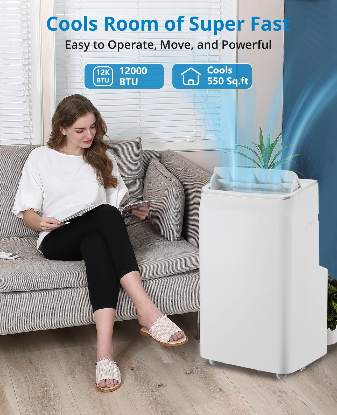 12000 BTU Portable Air Conditioners with Remote Control, 3 in-1 Free Standing Cooling AC Unit with Fan & Dehumidifier, Cools Room up to 500 sq.ft, Auto Swing，Smart Sleep Mode for Bedroom, Indoor Rooms