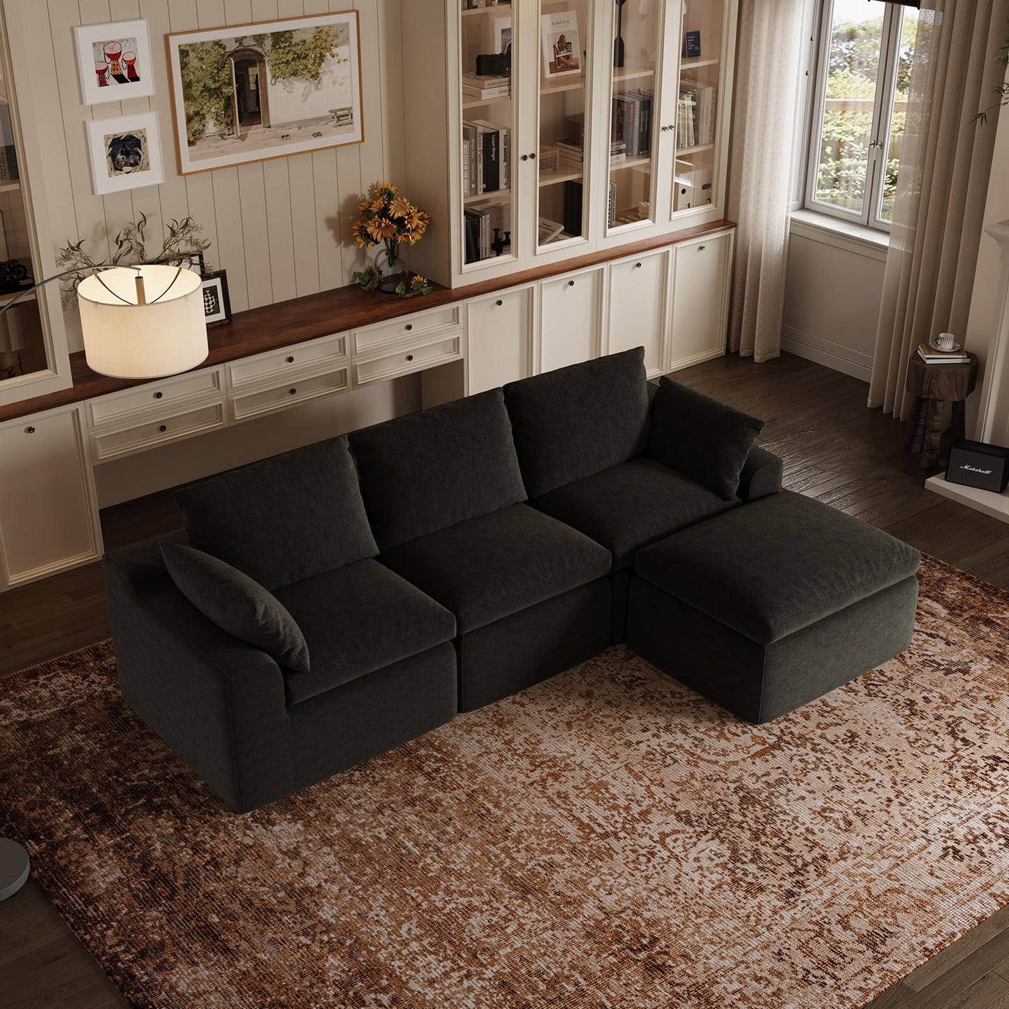 Novilla 104.3" Modular Cloud Couch, Modern Sectional Sofa with Smarts Coil® Support, Chenille Fabric, Upholstered Couch for Living Room Apartments Bedroom, No Assembly, 3 Seater + 1 Ottoman, Dark Grey
