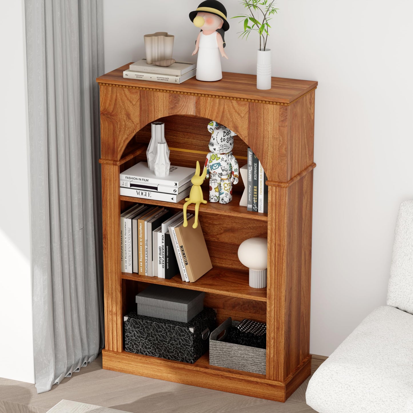 KEIKI 48" H Arched Display Storage Cabinet with Open Shelf, Wood Traditional Curio China Collectibles Book Case Shelves Bookcase for Living Room, Home Office