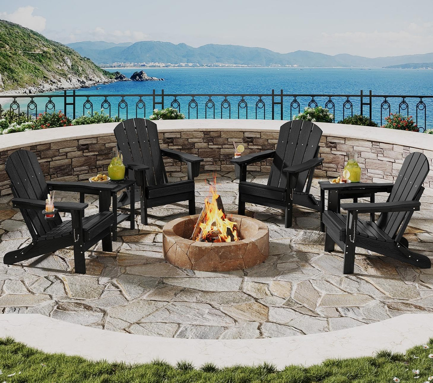 GarveeLife Folding Adirondack Chair Set of 4 with 2 Side Table, All-Weather HDPE Outdoor Chair, Wooden Textured with Cup Holder for patios, Decks, Gardens, fire pits, Black