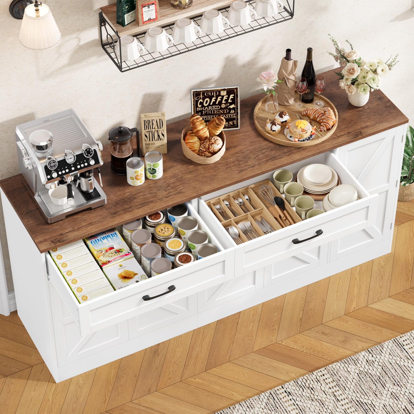 BOTLOG 71” Large Sideboard Buffet Cabinet with Storage, Farmhouse Buffet Cabinet with Adjustable Shelves and 3 Door Shelves, Wood Coffee Bar Console Table for Kitchen, Dining Room (White)