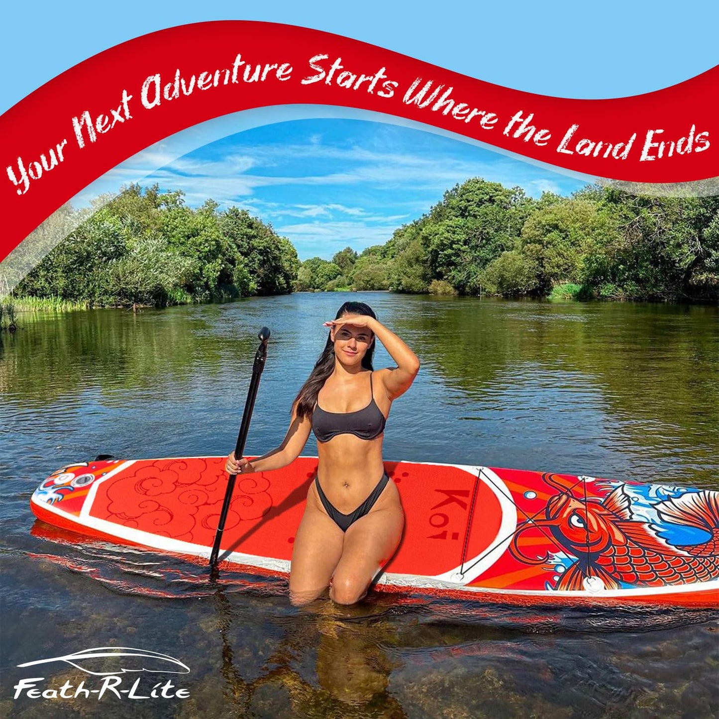 FEATH-R-LITE Inflatable Paddle Board Stand Up Paddleboards for Adults SUP with Premium Accessories Pump, Adjustable Paddle, Leash, Three Fins, Backpack (Red Koi)