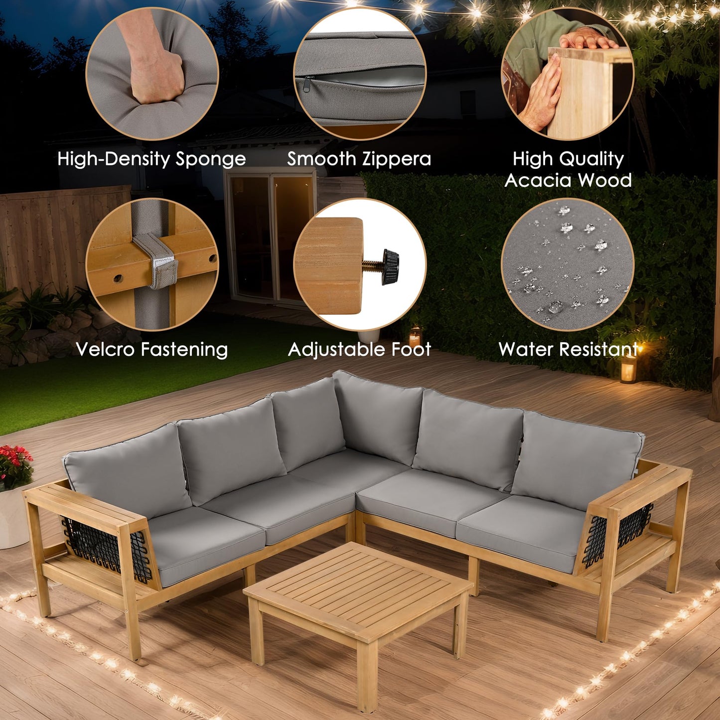 Merax 4 Pieces Patio Furniture Set, Outdoor L-Shaped Sectional Sofa Set with Coffee Table, Acacia Wood Conversation Seating & Thick Cushions and Side Table, for Backyard, Garden and Poolside, Grey