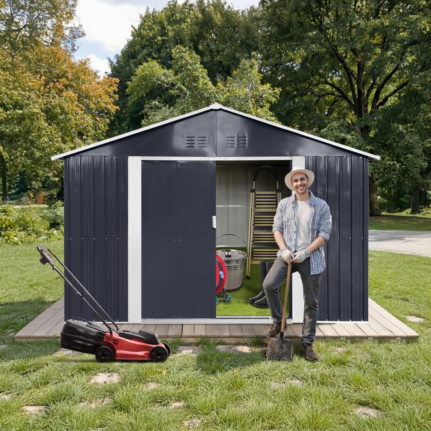 9' x 6.5' Outdoor Storage Shed, Sturdy Metal Building w/Windows & Lockable Doors for Garden, Backyard, Poolside and Lawn, Anthracite