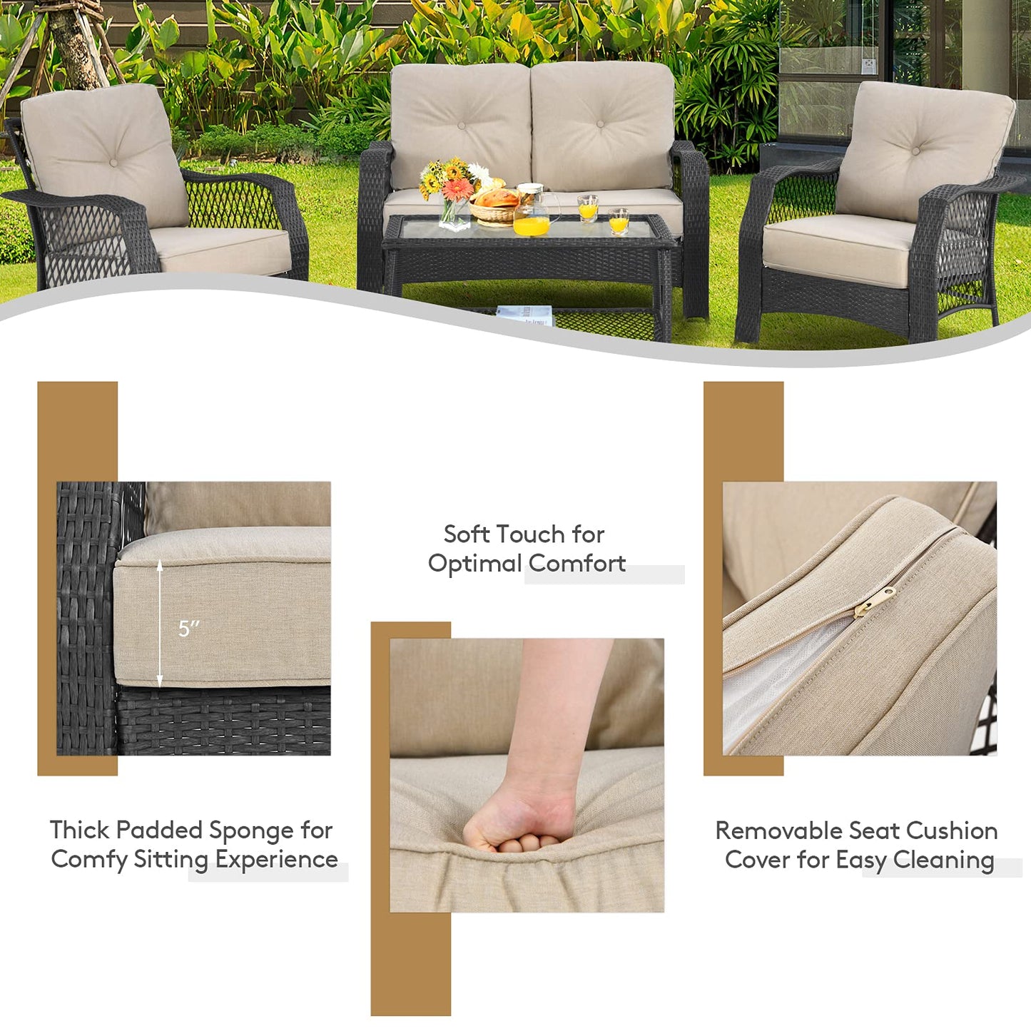 Tangkula 4 Pieces Outdoor Patio Furniture Set, Patiojoy PE Wicker Conversation Sofa Set with Tempered Glass Coffee Table, Sectional Rattan Patio Sofa Set for Garden, Backyard, Poolside (Beige)