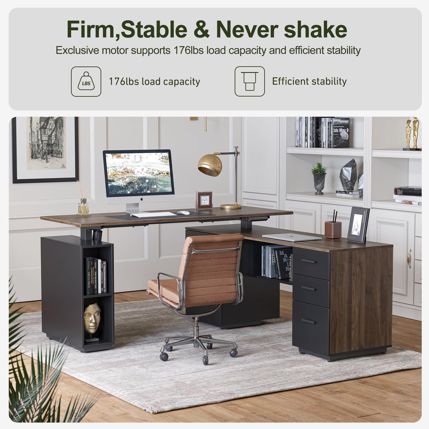 BANTI Executive L Shaped Standing Desk with 3-Drawer File Cabinet, 63" Electric Height Adjustable Stand up Desk for Home Office, Computer Desk with Storage Cabinets, Black Walnut Top