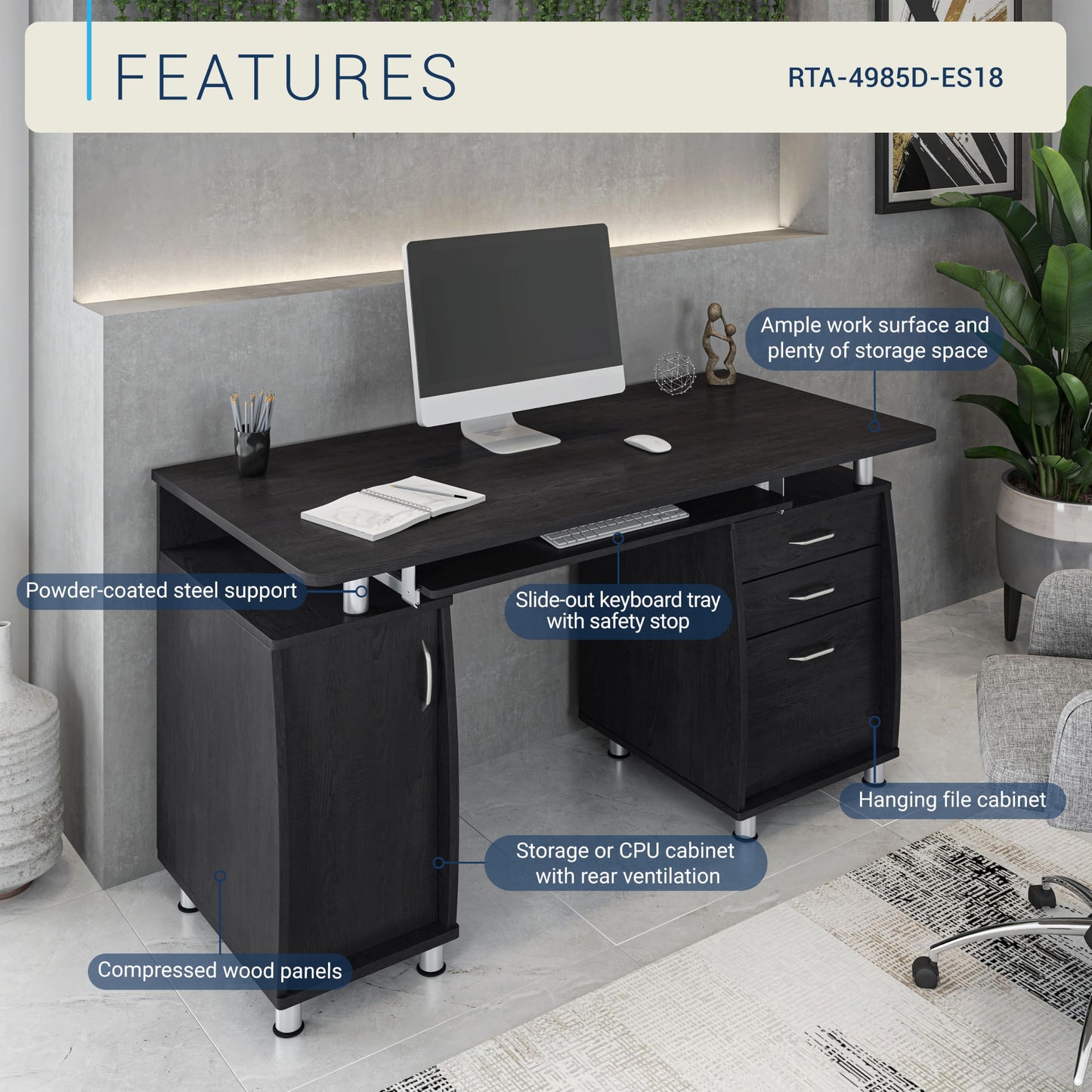 Techni Mobili 48''W Computer Desk with File Cabinet & Drawers, Espresso
