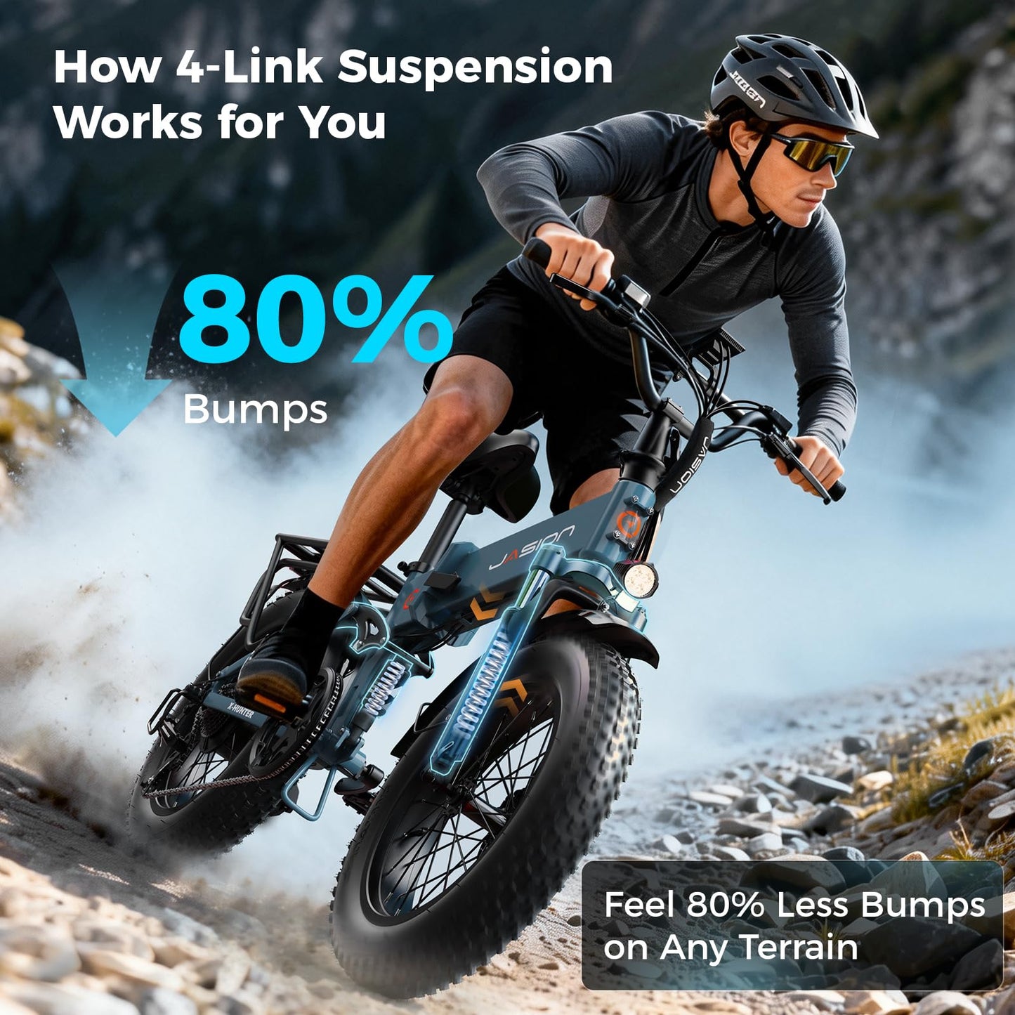 Jasion X-Hunter Foldable Electric Bike, 70+Miles 30MPH Max Speed, 1400W Peak Motor, 624WH Removable Battery, 20″*4 Fat Tire Bicycle for Adult, 7-Speed & Full Suspension EBike for Commute,Snow,Mountain