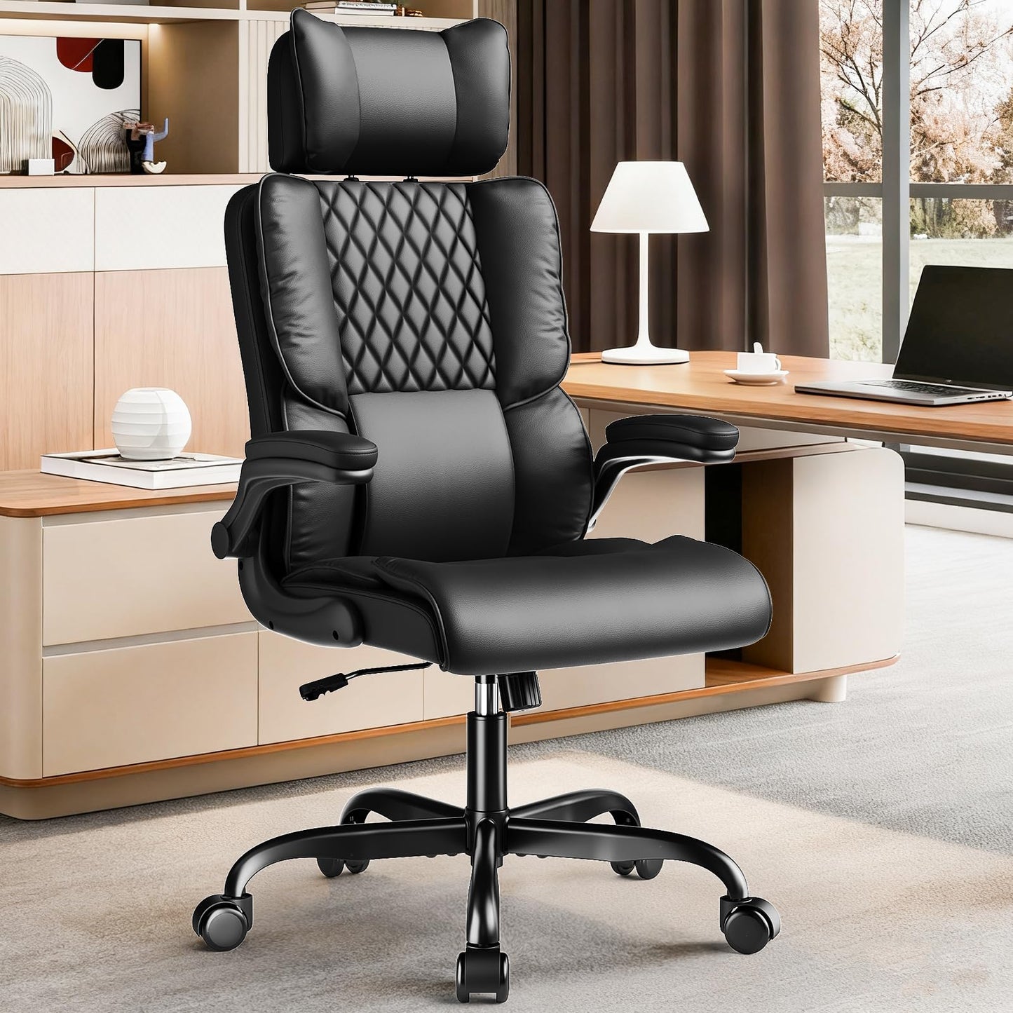 Sytas Ergonomic Office Chair with Adjustable Headrest, Executive Leather Desk Chair with Upgraded Lumbar Support for Lower Back Pain Relief, Thickened Backrest Computer Chair for Home Office, Black