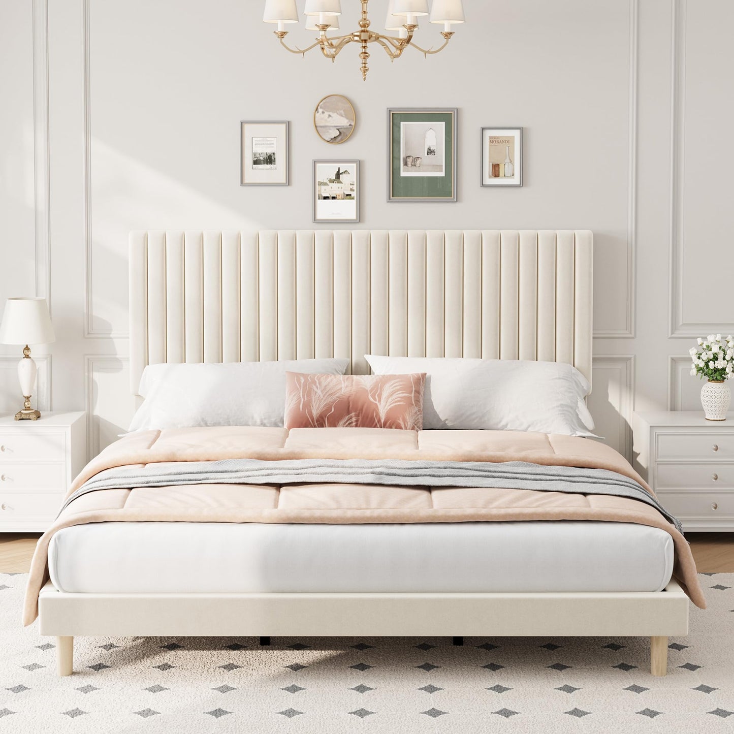 IDEALHOUSE King Bed Frame with Adjustable Headboard, Velvet Upholstered Platform King Size Bed Frame, Vertical Channel Tufted, Strong Wooden Slats, No Box Spring Needed, Easy Assembly, Beige
