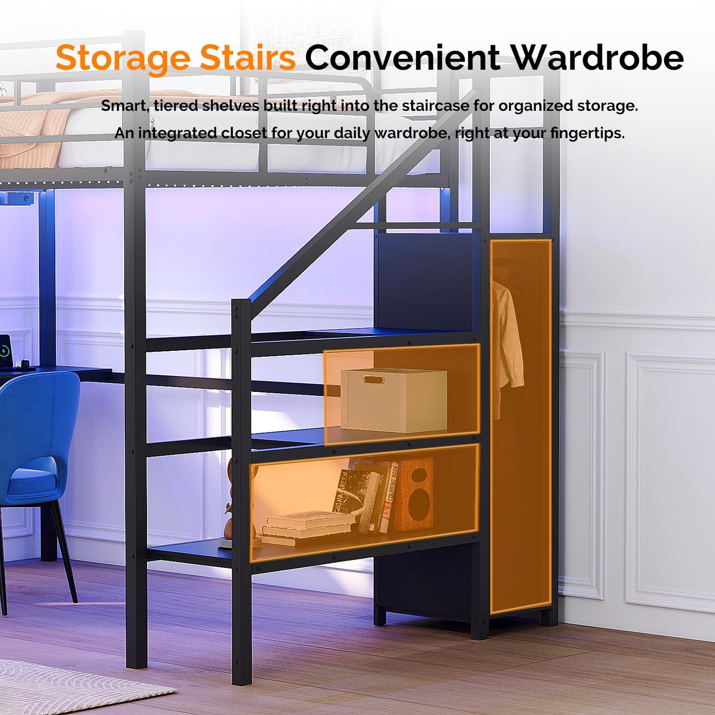 VINGLI Full Size Loft Bed with Desk and Storage Stairs, 15-inch Extra Tall Guardrail, Metal High Sleeper Bed with 2 Charging Stations and LED Lights, Space Saving Bed for Teens/Adults, Black