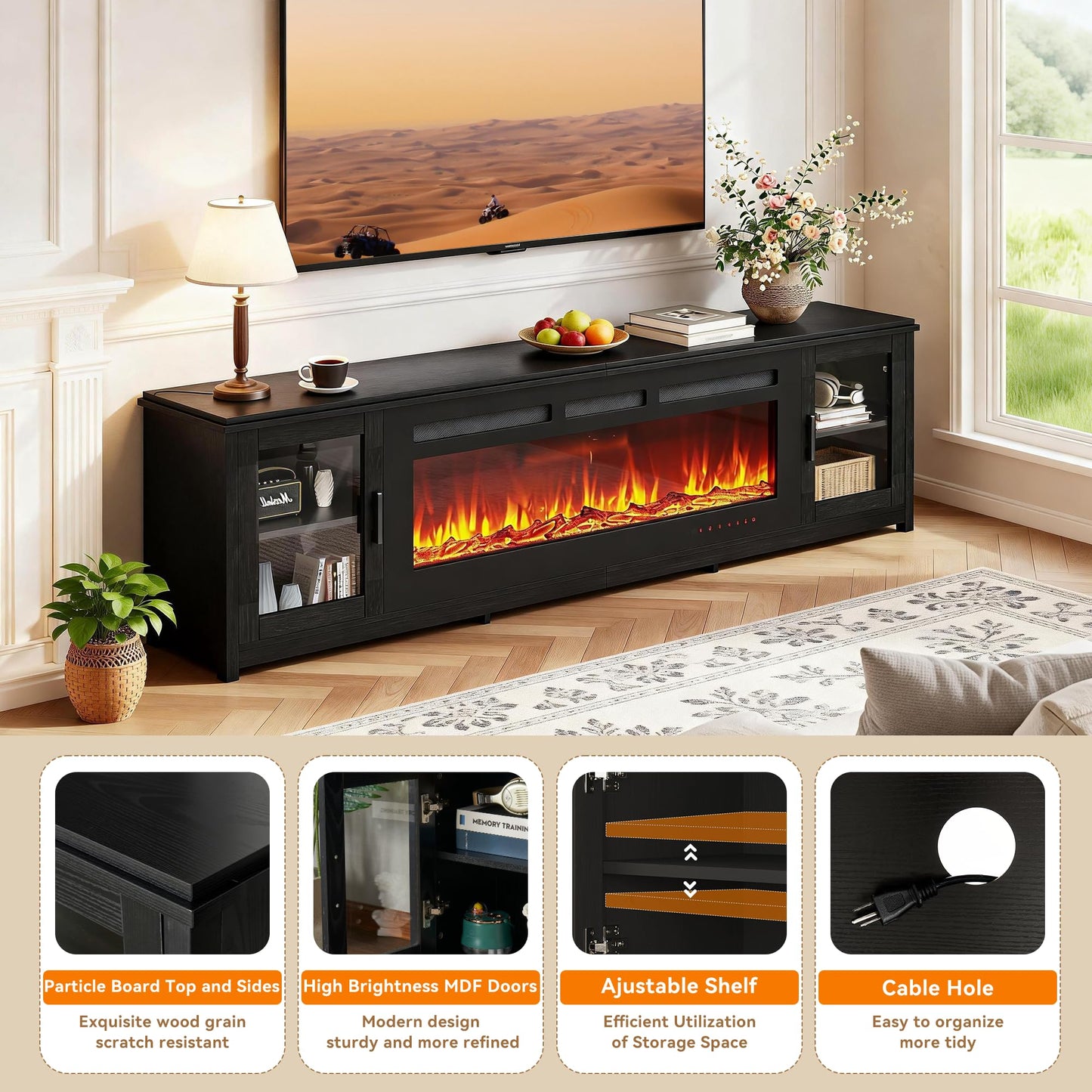 OneBlis 80" Fireplace TV Stand, Modern 50" Smart Fireplace Fire Place TV Console, Adjustable Entertainment Center with 12-Color LED Lights, for Living Room, Black