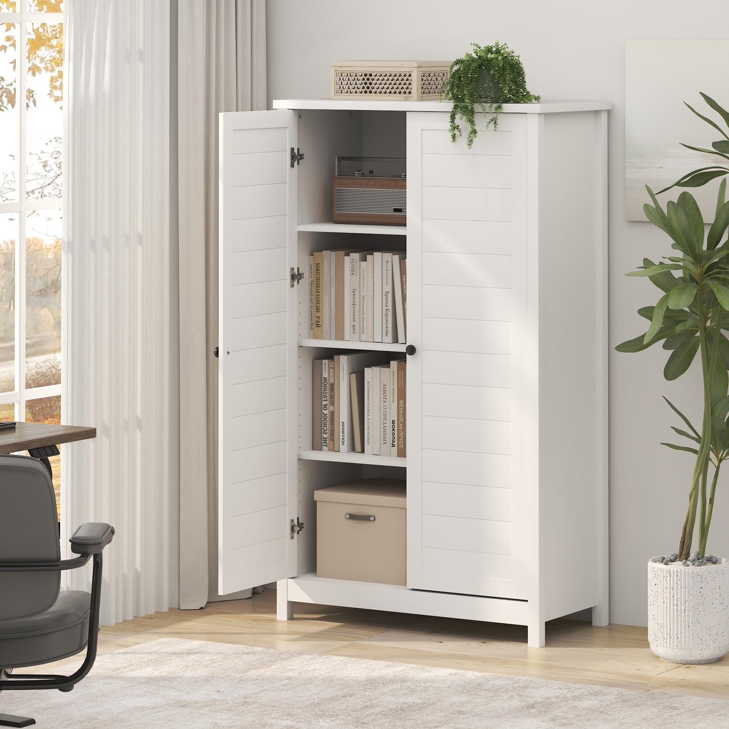 Furinno Robin Storage Cabinet, 4-Tier Pantry Cabinet with Adjustable Shelves, 35W with Louvered Doors, Kitchen Cabinet, Organization and Storage, for Pantry, Living Room, Home Office, White