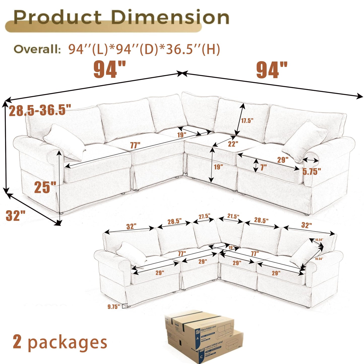 KEIKI 94" L-Shaped Oversized Modular Linen Sectional Sofa with Rolled Arms, Cushion Back, Modern Style Convertible 5-Seater Corner Couch, Easy Assembly, for Apartment, Living Room, Bedroom, Dark Blue
