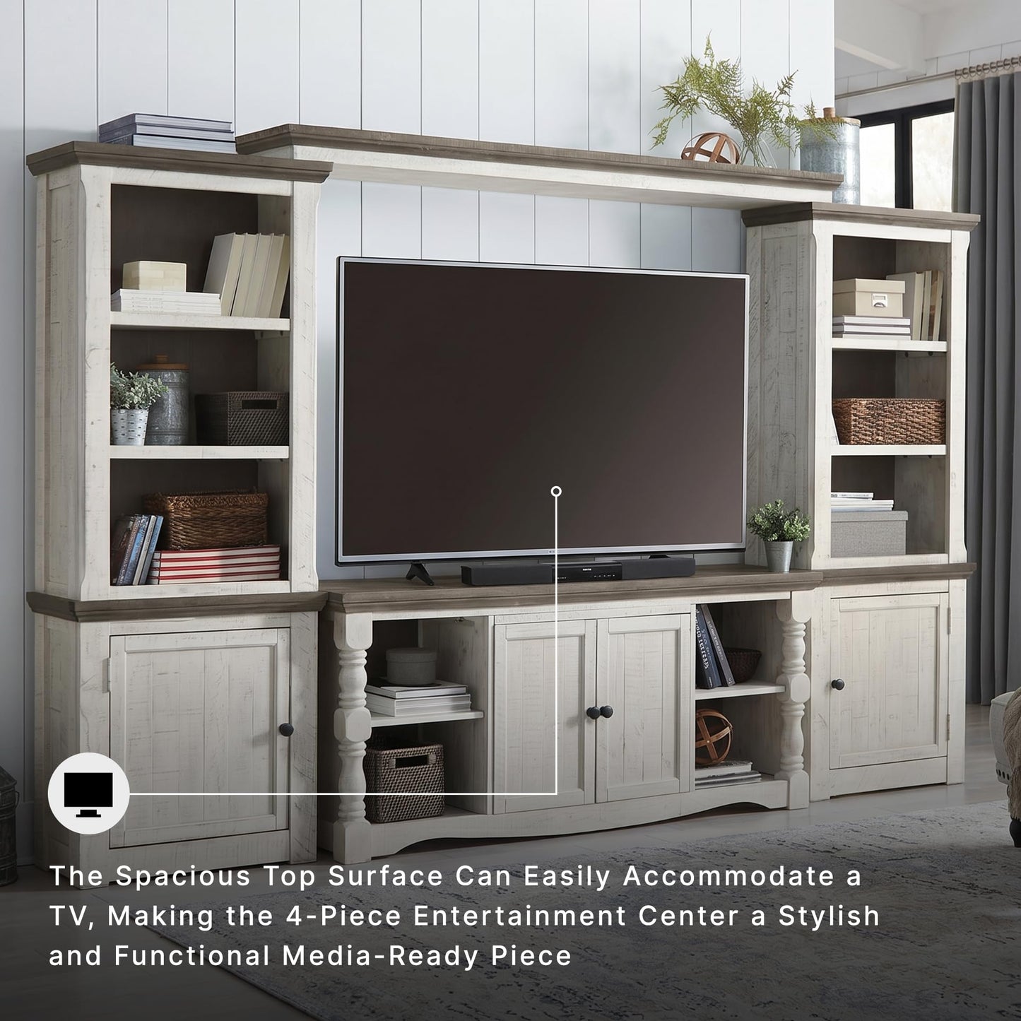 Signature Design by Ashley Havalance 4-Piece Entertainment Center, Wall Unit TV Stand with Shelves, Pine Wood, Pine Veneer and Engineered Wood Construction for Living Rooms, White & Gray