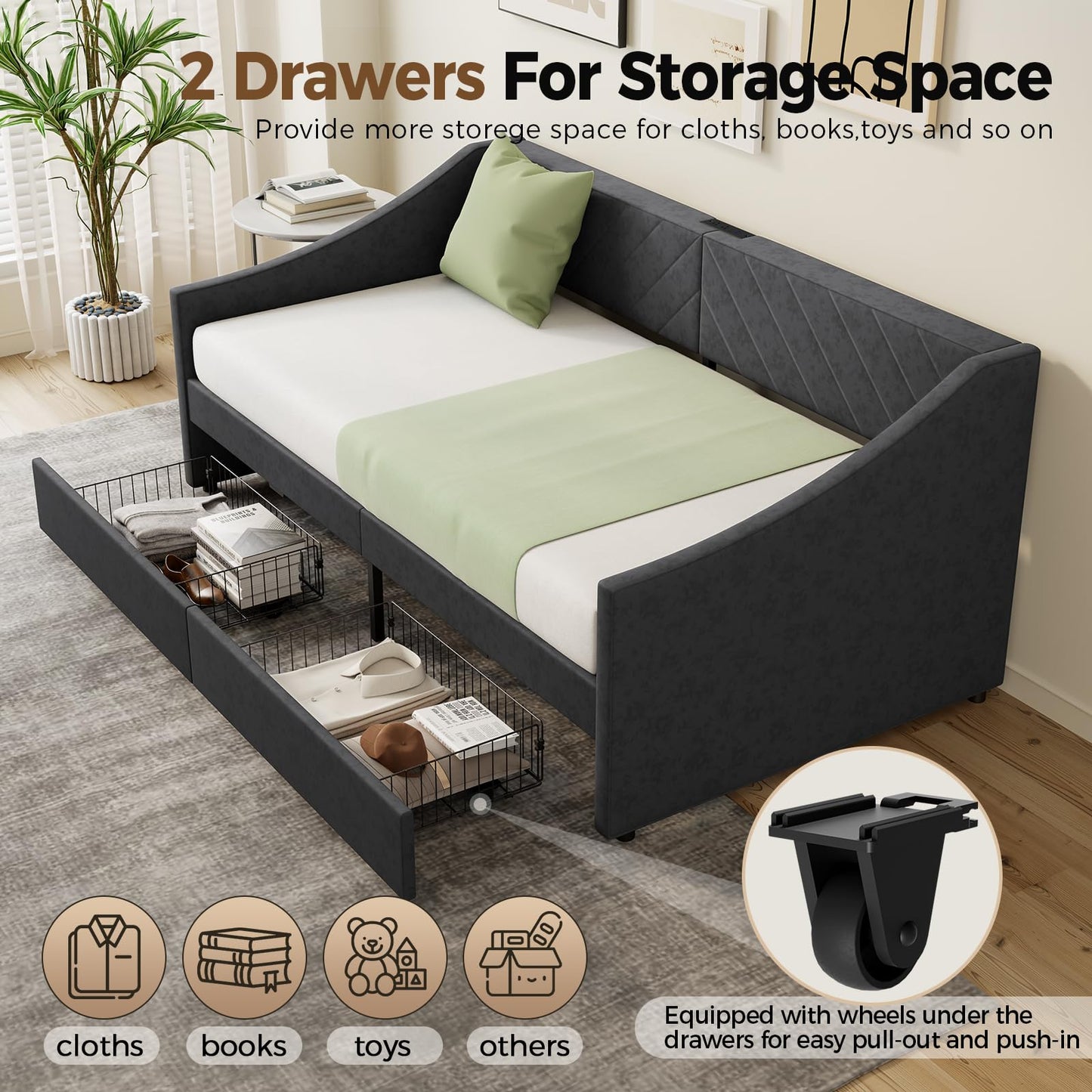 Mashomdec Twin Size Daybed with 2 Storage Drawers, Upholstered Daybed Frame with Charging Station, Heavy Duty Sofa Bed for Bedroom, Living Room, No Box Spring Needed,Easy Assembly