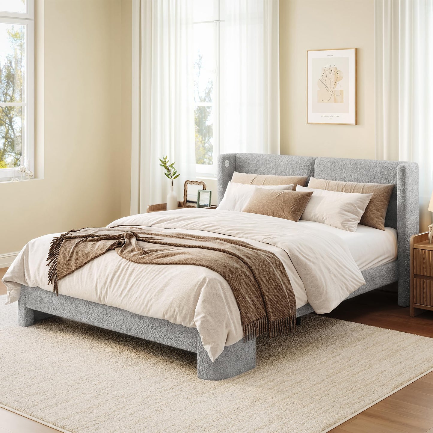 LIKIMIO Queen Bed Frame with Headboard, Upholstered Boucle Platform Bed with USB Ports, Base Camas Queen No Box Spring Needed, Gray