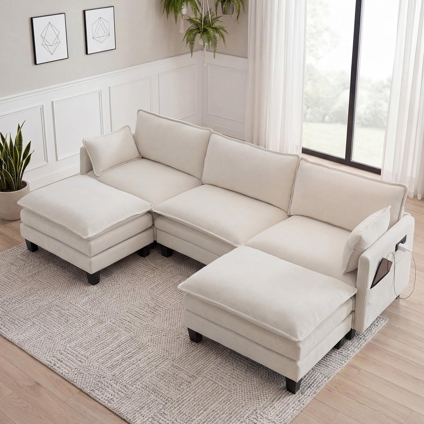 Eafurn Modular Sectional Sofa with Movable Ottomans for Living Room, 4 Seater Convertible U Shaped Sectional Couch Modern Reversible Chenille Sofa Set w/USB Ports and Side Pockets