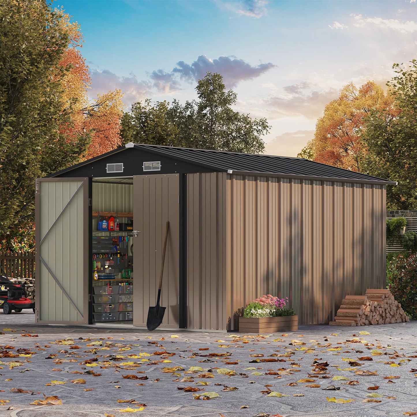 Patiowell 8x10 FT Outdoor Storage Shed, Large Garden Tool Metal Shed with Sloping Roof and Double Lockable Door, Outdoor Shed for Backyard Garden Patio Lawn, Brown