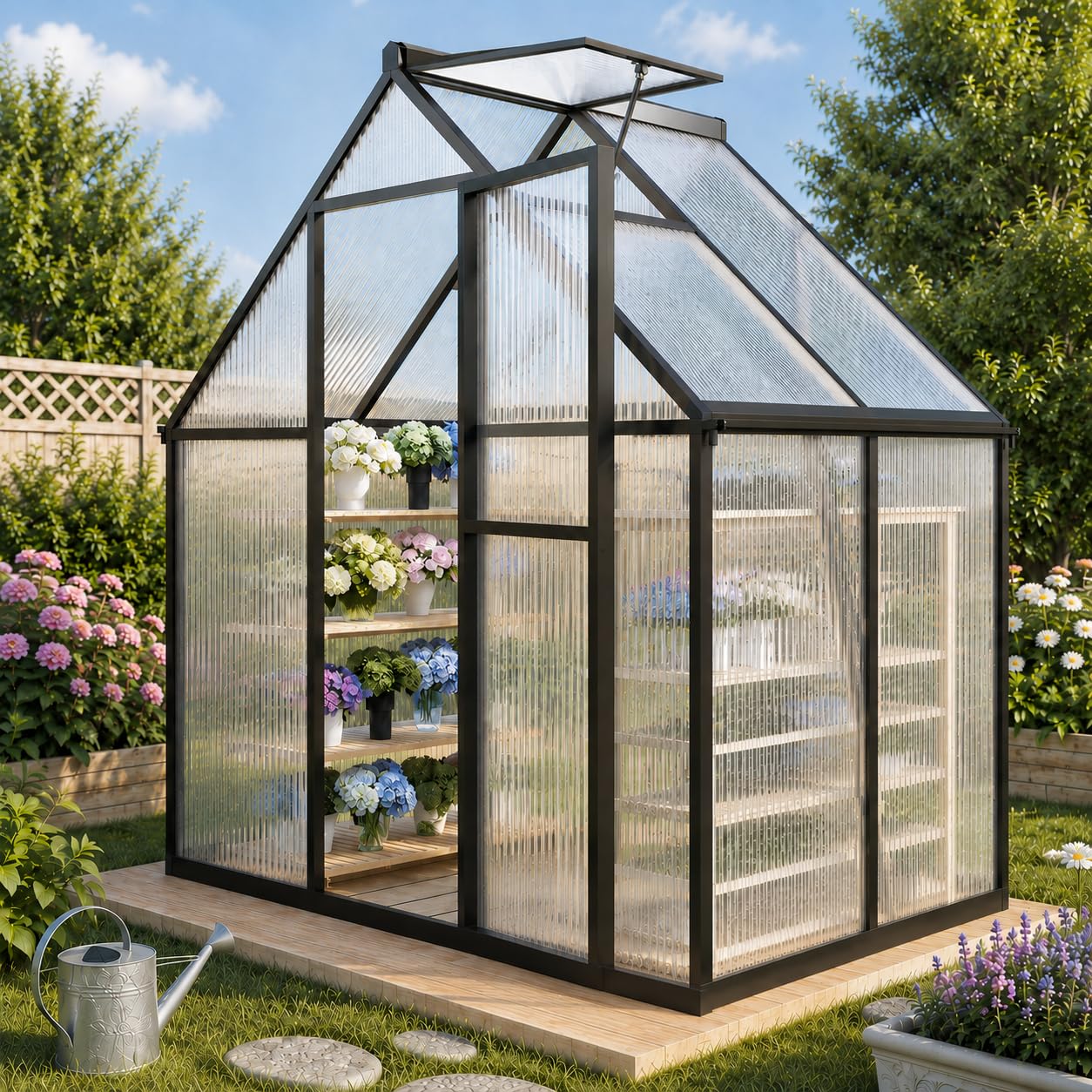 6x4 FT Greenhouse for Outdoors, Polycarbonate Greenhouse with Quick Setup Structure and Roof Vent, Aluminum Large Walk-in Green House for Outside Garden Backyard, Charcoal Black