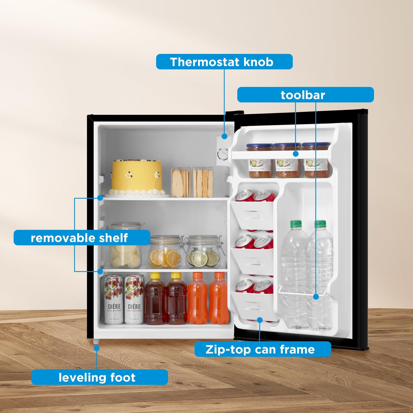 Midea MERM26B0ABB Mini Fridge, 2.7 Cu.ft Energy Star Certified Mini Refrigerator, Adjustable Thermostat, Reversible Door, Low Noise for Dorm, Office, Bedroom, Black
