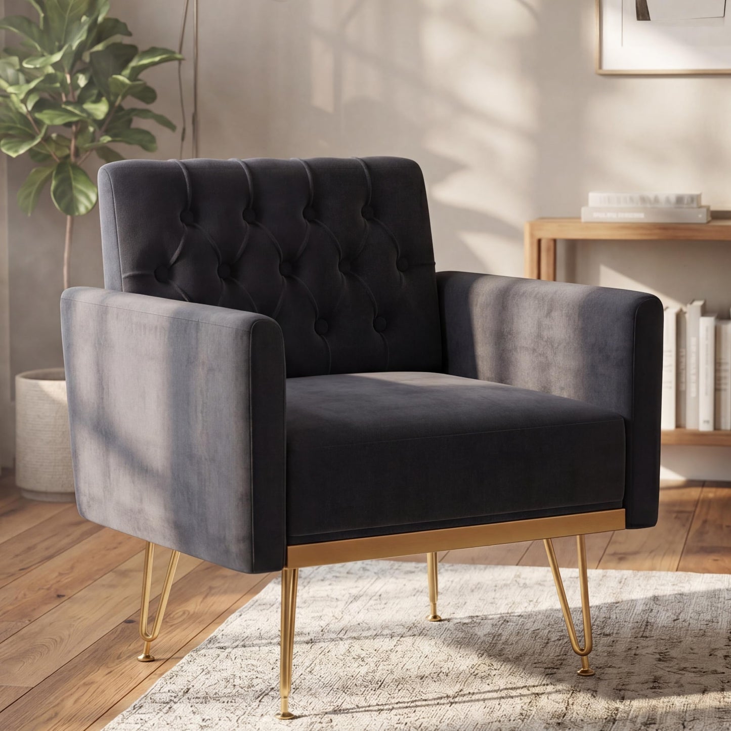 KEIKI Cute Velvet Accent Chair, 31 Inch Modern Tufted Upholstered Armchair with Metal Leg, Comfortable Single Sofa Side Reading Chairs, Comfy Arm Chair for Bedroom Living Room, Easy Assembly, Black