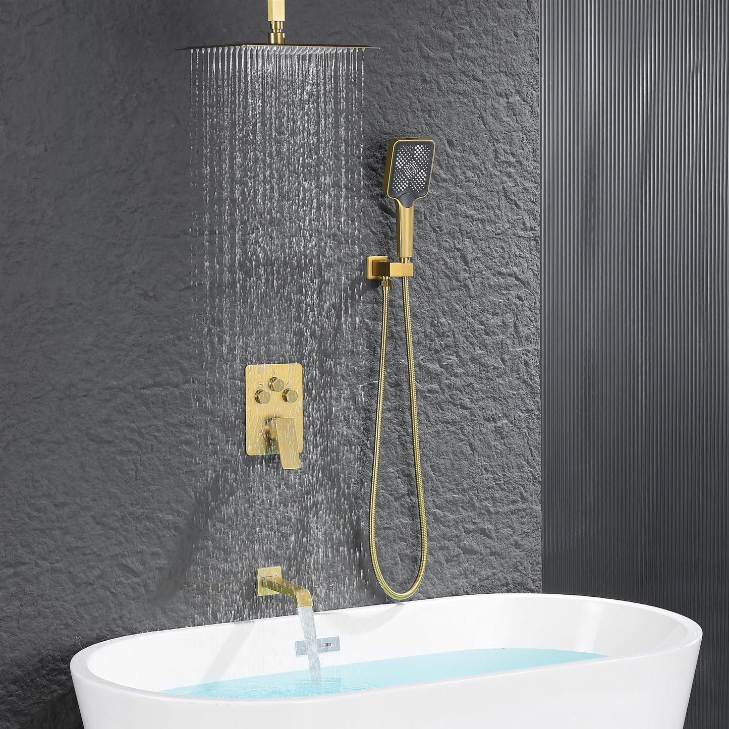 Bathtub Shower Faucet Set with Pressure Balance Valve, 12" Ceiling Mount Shower System with Tub Spout Multi-function Handheld Head Push Button Diverter Shower Trim Kit, Brushed Gold