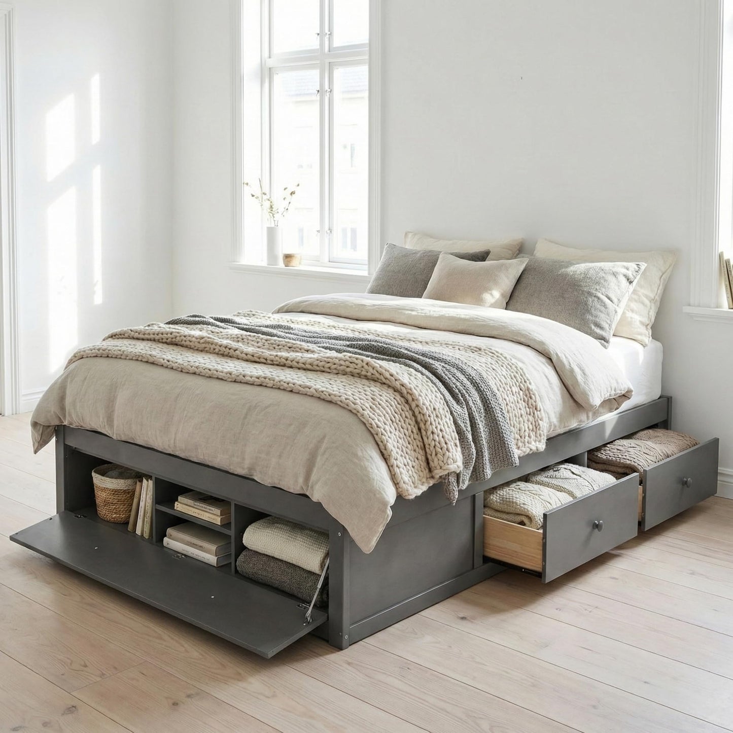 Merax Queen Size Wood Platform Bed with 4 Underbed Drawers and Hydraulic Lift Footboard Storage, Modern Bed Frame with Solid Wooden Slat Support for Bedroom, No Box Spring Needed, Easy Assembly, Gray