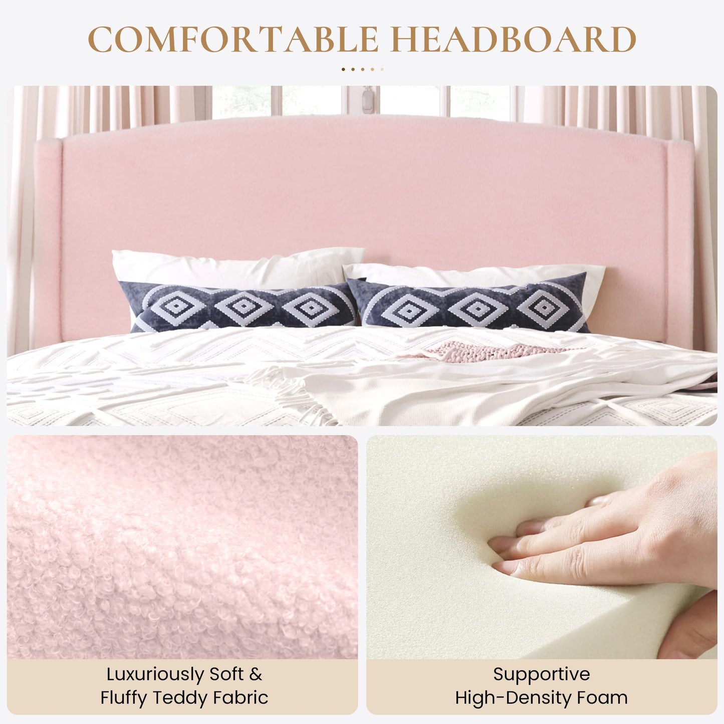 SHA CERLIN King Size Bed Frame with Soft Teddy Fabric, Boucle Upholstered Platform Bed, Curved Headboard Design, Wooden Slats Support, Noise-Free, No Box Spring Needed, Easy Assembly, Pink