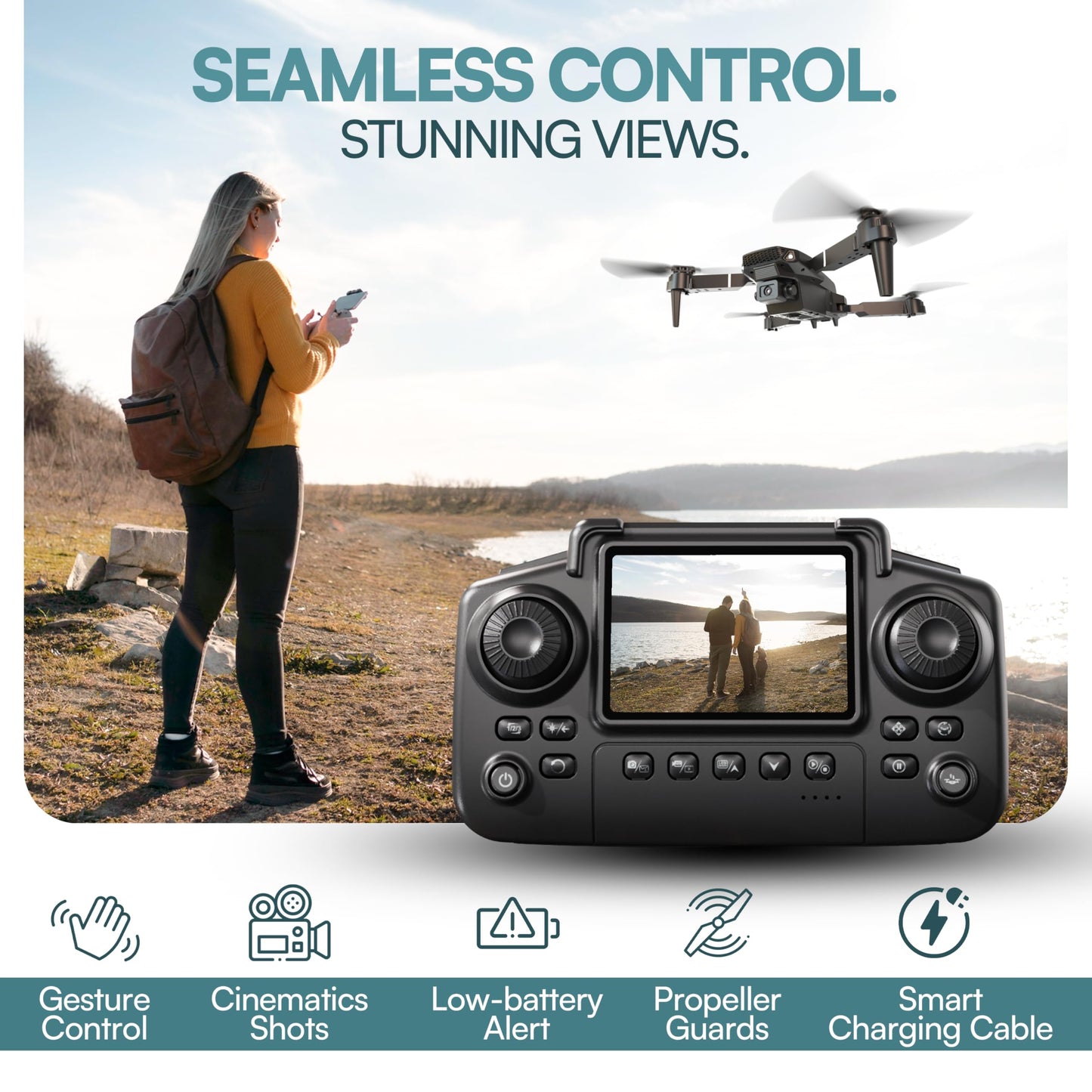 Falcon X 4K Drone with Built-In Screen Remote, Foldable FPV Quadcopter with Wide-Angle Camera, Carrying Case & 3 Batteries – Easy-to-Fly Drone for Beginners
