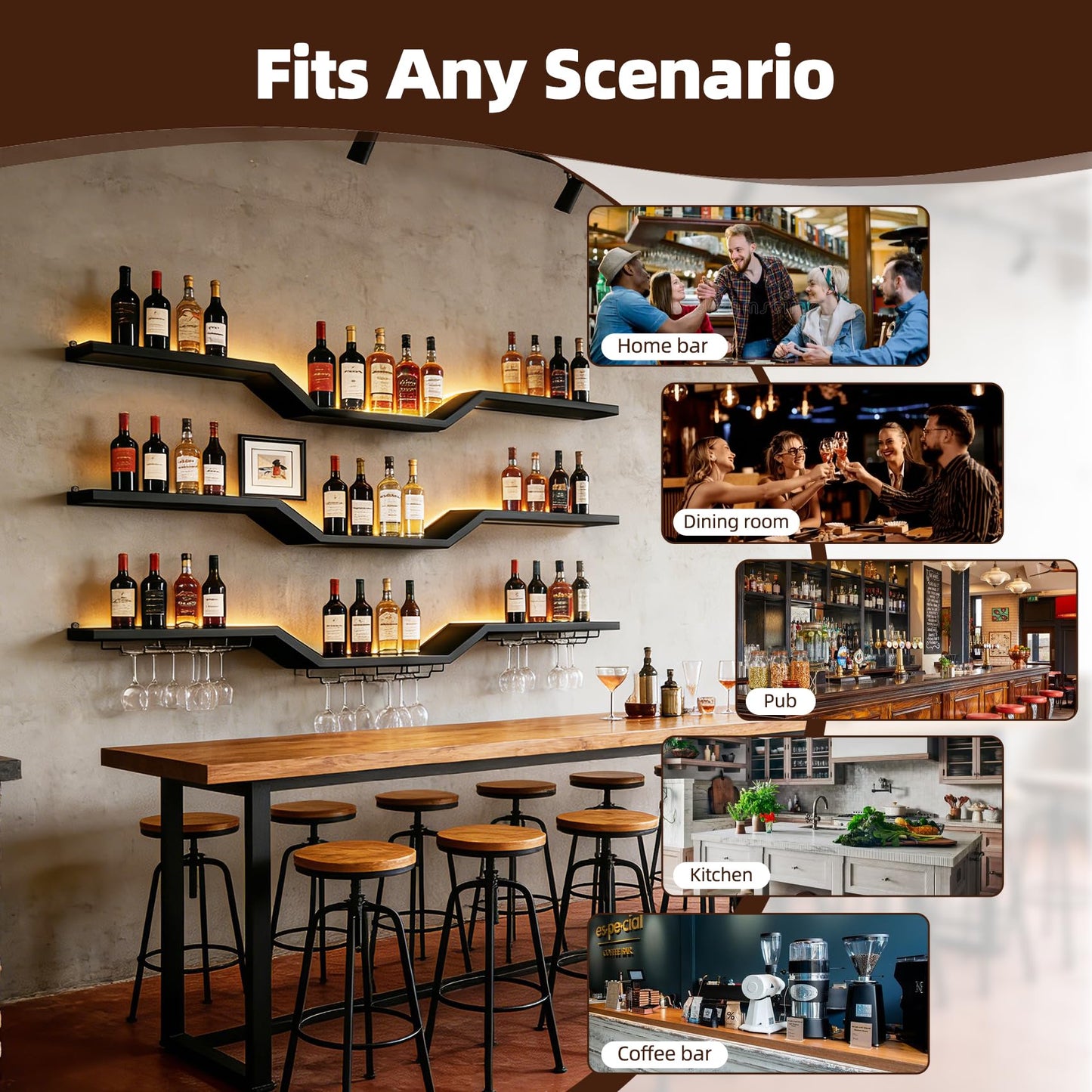 ZHDZKJ 𝑼𝒑𝒈𝒓𝒂𝒅𝒆 39.4" LED Modern Wall Mounted Wine Rack, 3-Tier Floating Bar Shelves, Golden High Brightness LED Light Strip, Large Bar Shelf with Wine Glass Rack, for Home Bars and Restaurants