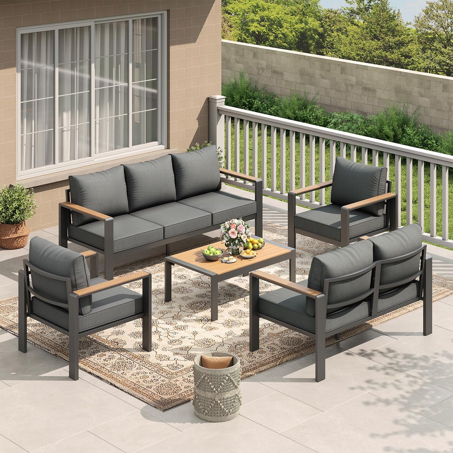 Garvee Aluminum Patio Furniture Set 7 Seats, Generous Outdoor Sectional with Washable Thick Cushions and Coffee Table, Patio Conversation Sets for Porch, Balcony, Deck, Yard