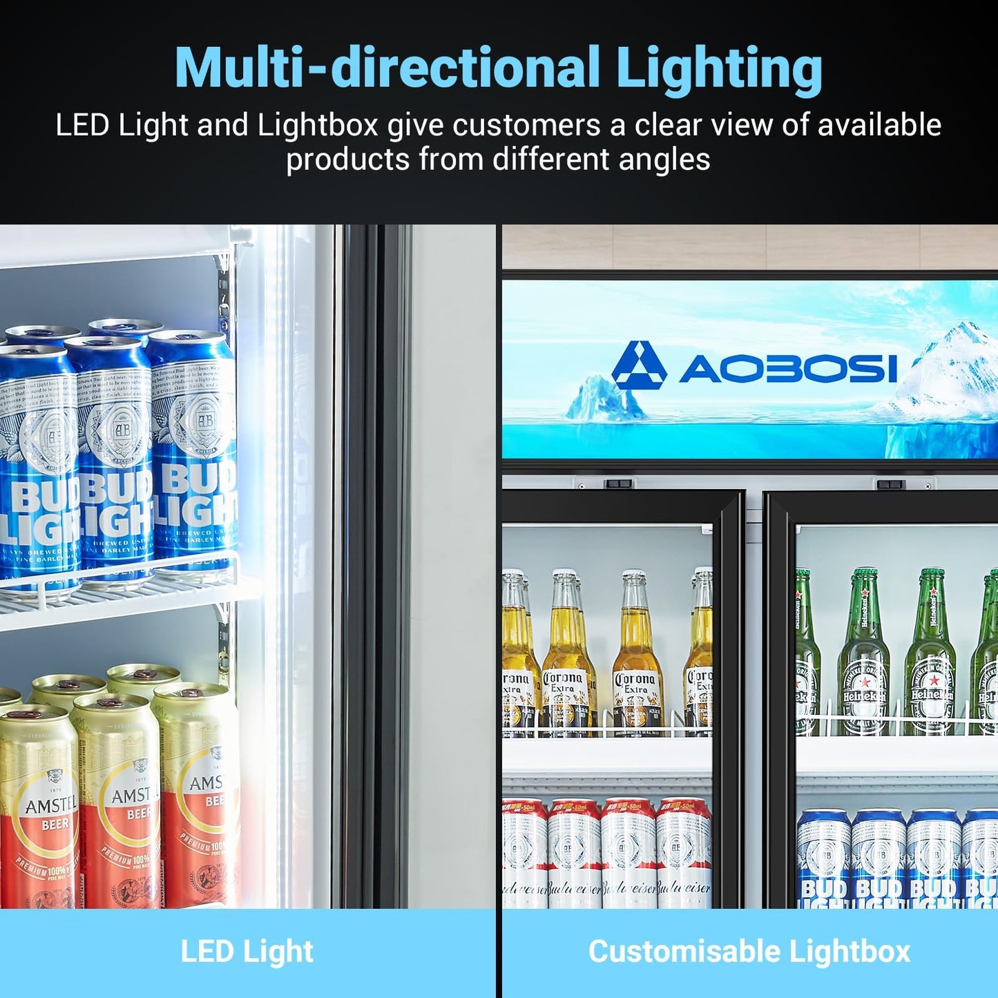 AAOBOSI 44”Commercial Merchandiser Refrigerator,27.02 Cu.Ft Glass Door Display Refrigerator,Upright Beverage Fridge with Soft LED Light,Customizable Lightbox,Universal Casters,Adjustable Shelves