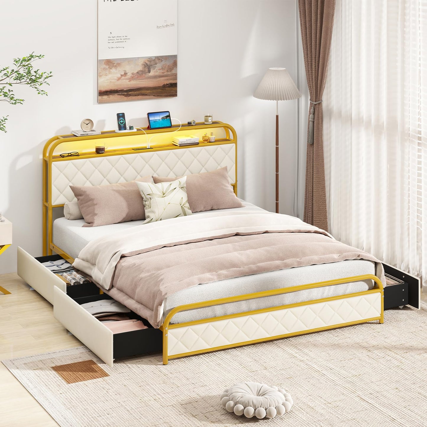Giantex Queen Bed Frame with 4 Storage Drawers and Charging Station, Queen Size Platform Bed w/LED Lights & Linen Upholstered Headboard, No Box Spring Needed, Metal Queen Storage Bed, Gold & Beige