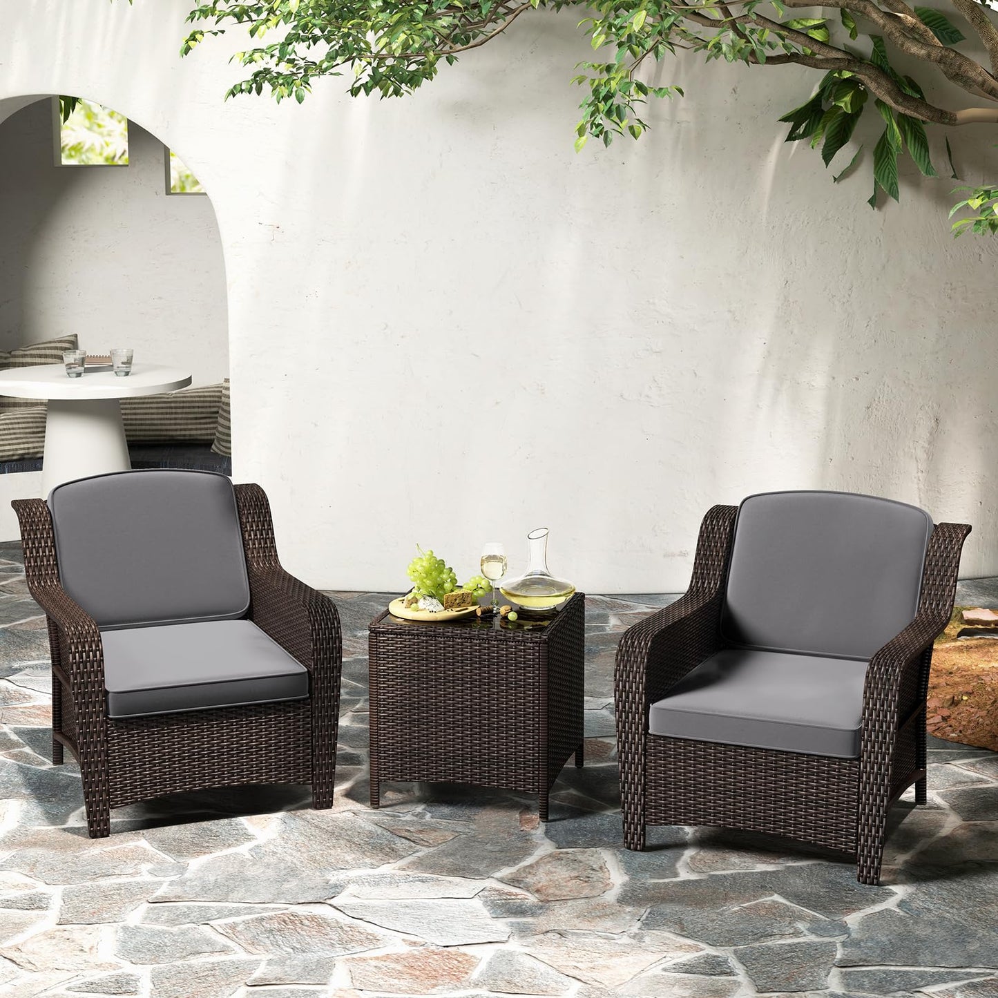 Tangkula 3 Pieces Outdoor Patio Furniture Set, Patiojoy PE Rattan Wicker Chairs with Cushions and Tempered Glass Coffee Table, Outdoor Wicker Conversation Bistro Set for Porch, Balcony, Garden (Gray)