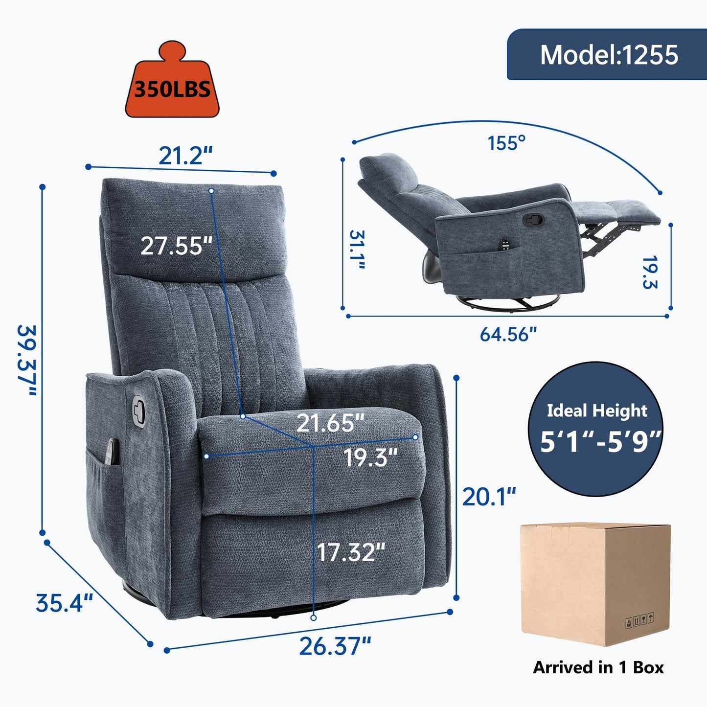 KEIKI 4-in-1 Manual Swivel Rocker Recliner Chair for Living Room, Chenille Nursery Glider Rocking Chairs with Back Massager & Heat, Ideal for Daily Nap in Living Room Quiet Corner, Blue
