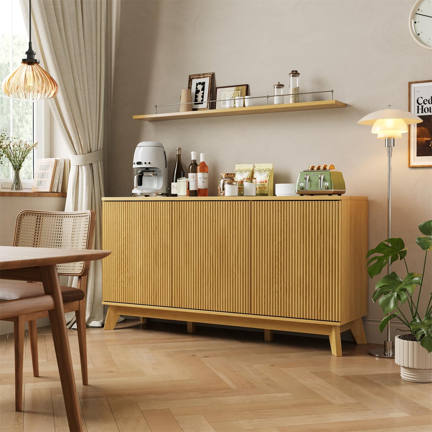 Garvee 58" Modern Farmhouse Buffet Cabinet with Curved Doors & Adjustable Shelves - Wood Storage Sideboard for Dining Room, Coffee Bar Console, Living Room