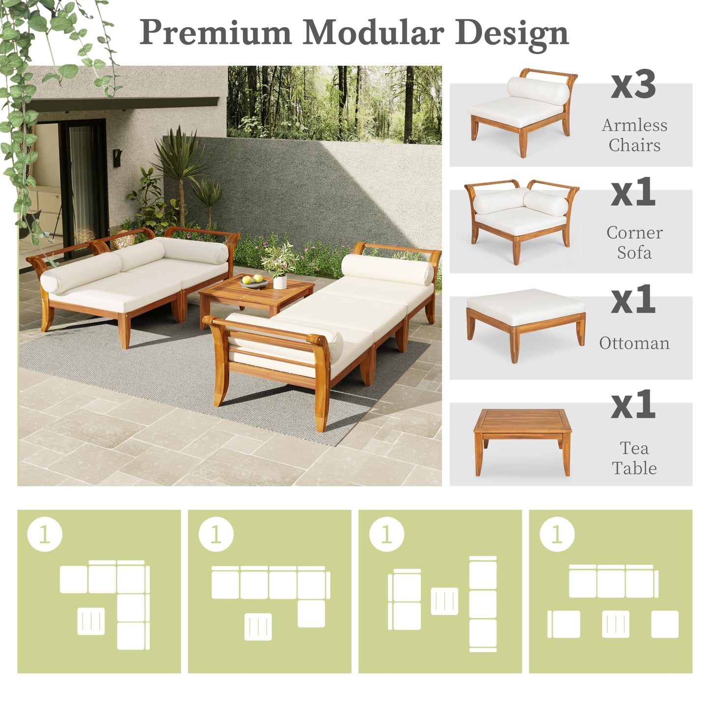 Merax 6 Pieces Patio Furniture Set, Outdoor L-Shaped Sectional Sofa Set with Coffee Table, Acacia Wood Conversation Seating & Cushions and Lumbar Pillows, for Garden, Poolside and Backyard, Teak+Beige