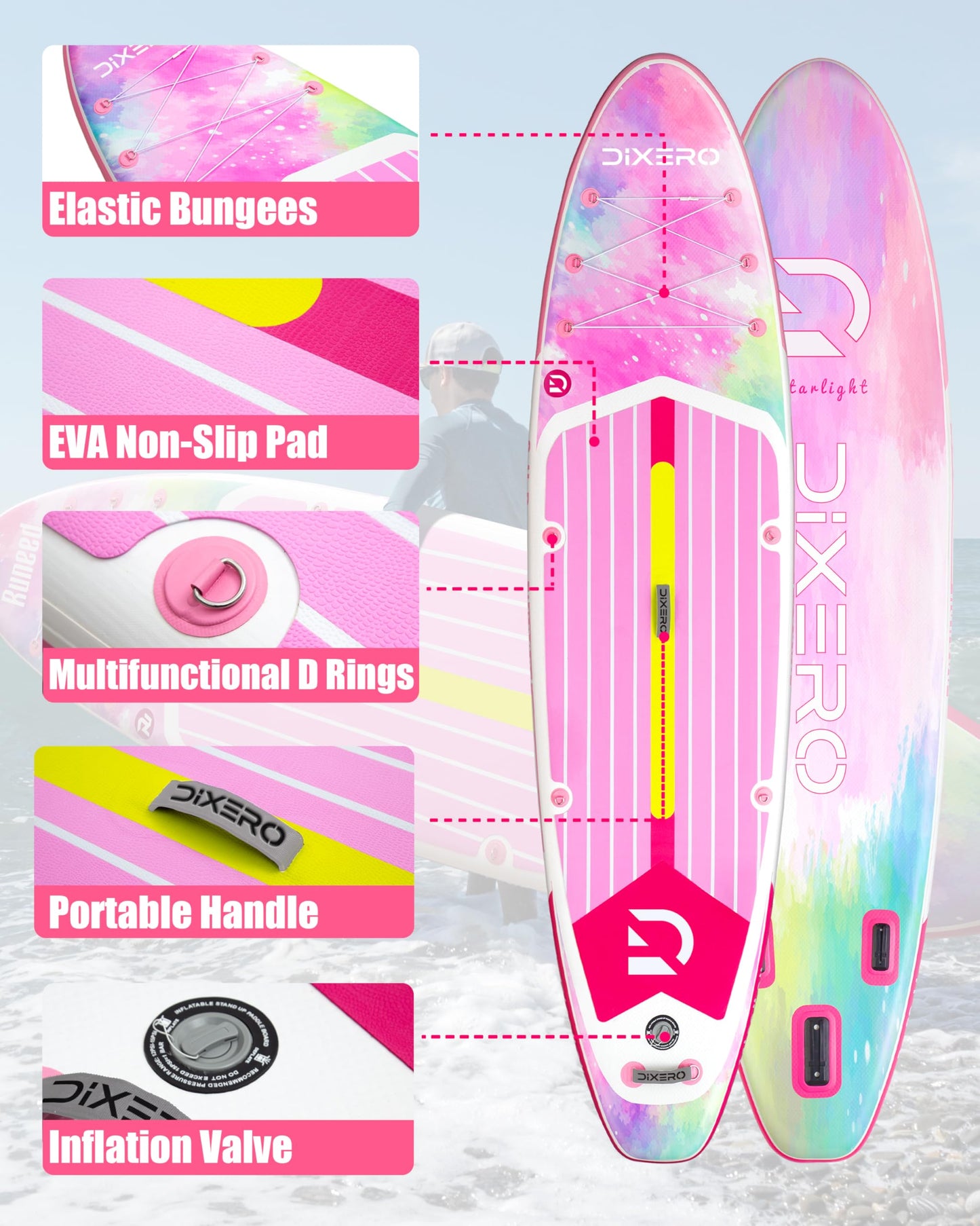 Dixero Inflatable Stand Up Paddle Board 11'*33",Wide Stable Design, Adjustable Paddle, 3 Fins, Non-Slip EVA Deck for Adults & Youth of All Skill Levels