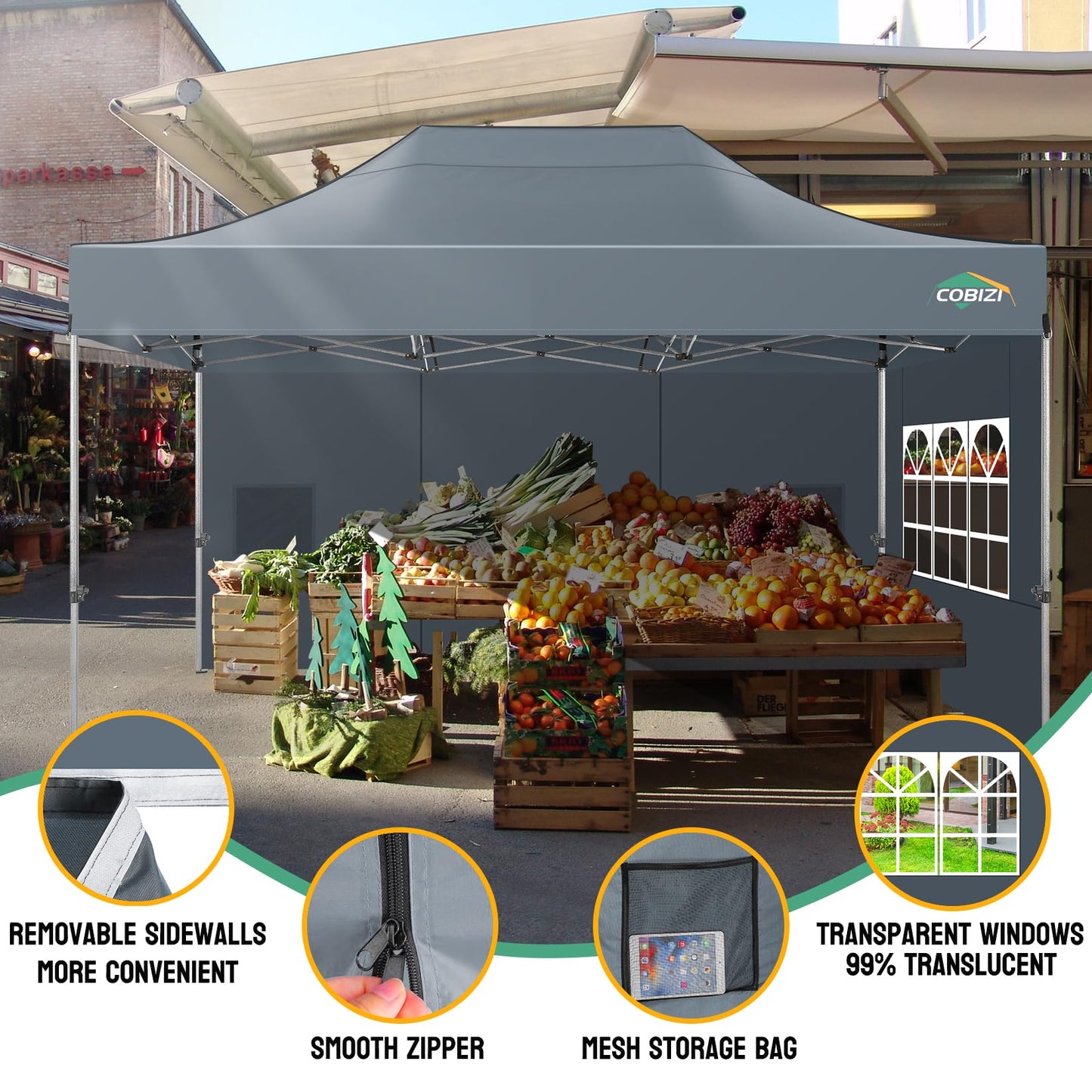 COBIZI 10x15 Pop up Canopy Tent Heavy Duty, Easy Set-up Commercial Outdoor Party Tent, 100% Waterproof Wedding Tents Gazebo, 3 Height Adjustable with Handbag, Gray