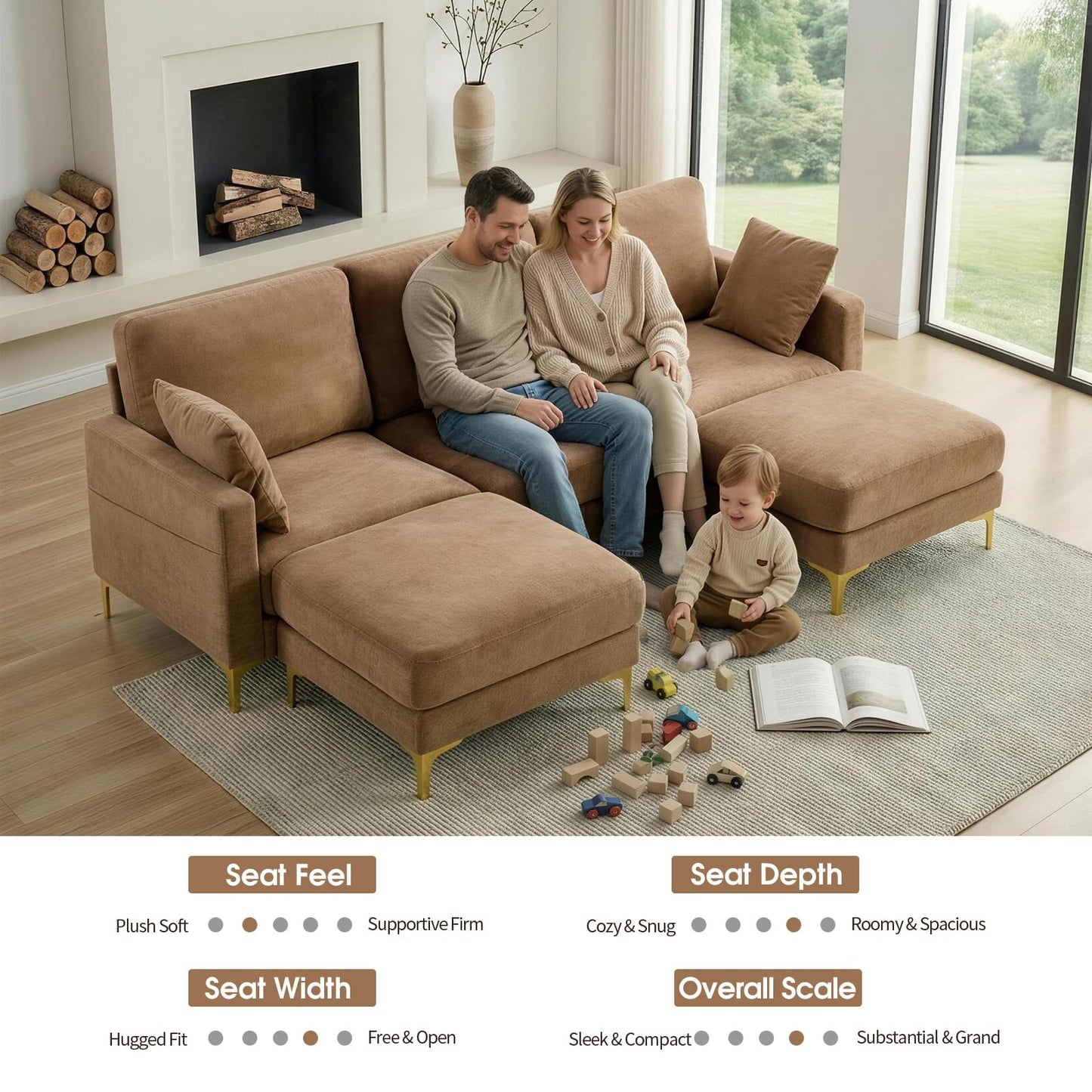 VINGLI 100" W U Shaped Couch with Ottoman, 22" Deep Seat Comfortable Sectional Couches for Living Room, 3 Seater Chenille Fabric Cloud Sofa for Apartment, Small Spaces, Bedroom, Khaki